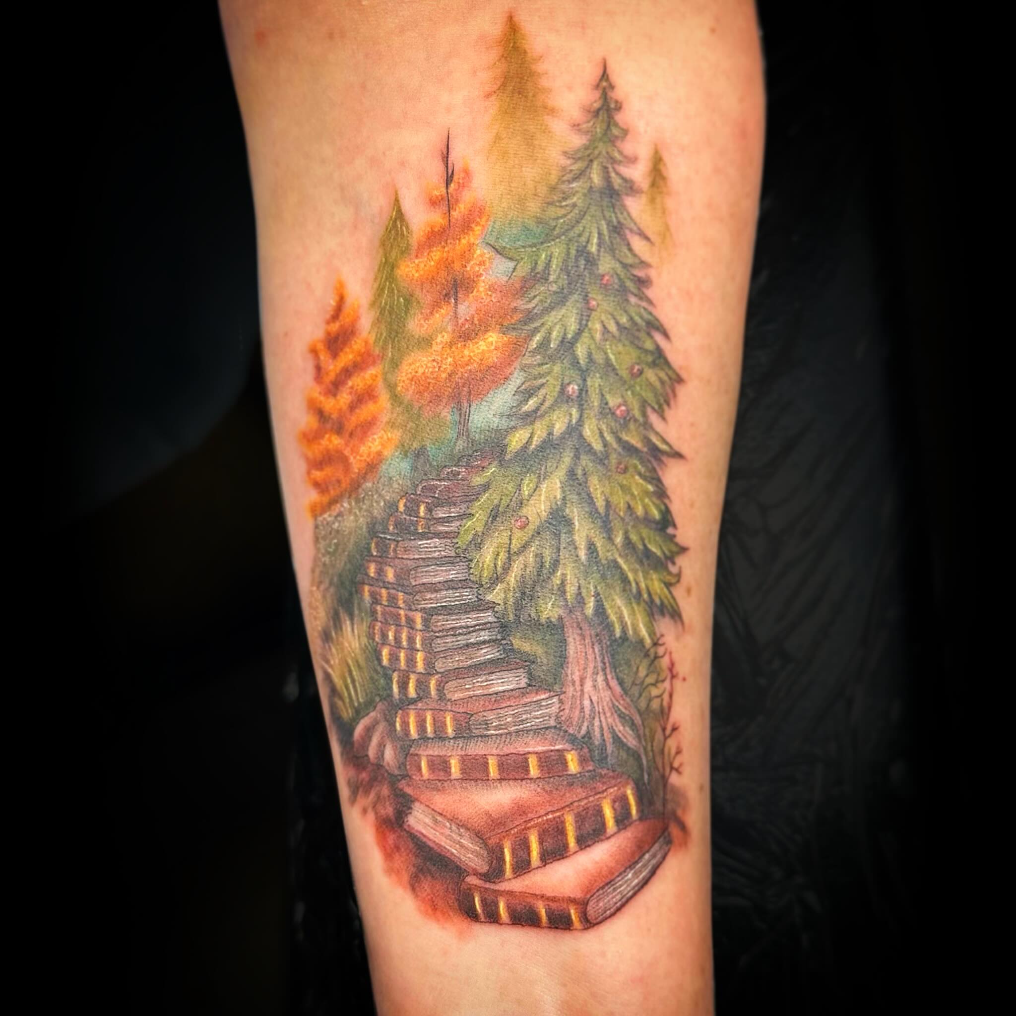 Staircase in forest realism tattoo on the forearm by 🌜🔮✨Anya Casey✨🔮🌛