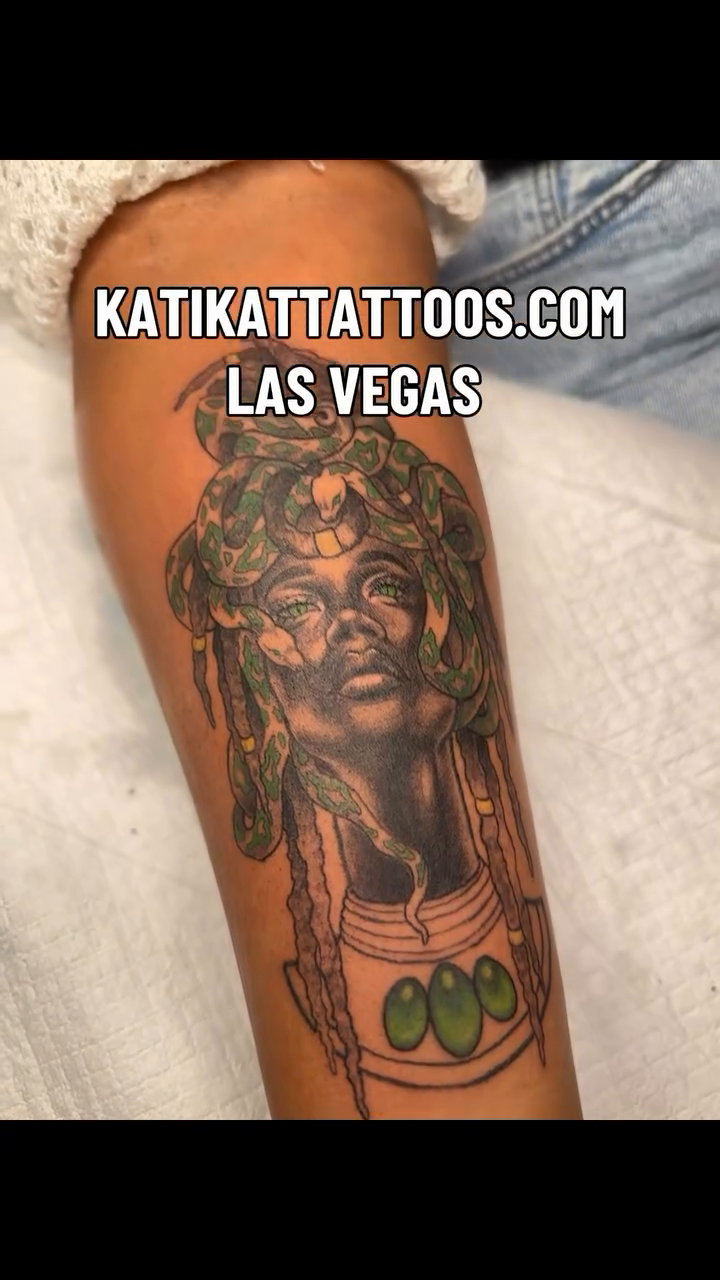 Medusa head with snakes realism tattoo on the chest by @katikattattoos, Las Vegas, Nevada