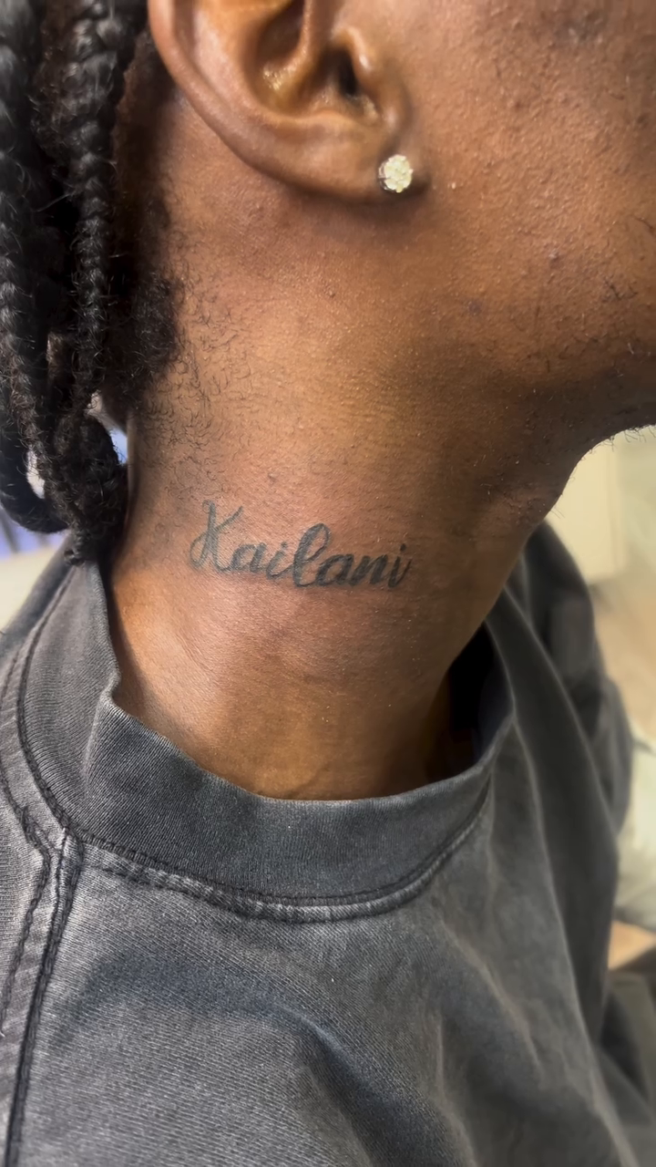 Kailani name tattoo lettering tattoo on the neck by Brian J Baker, Atlanta, Georgia