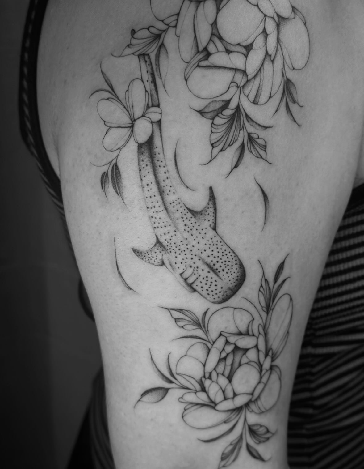 Whale shark and flowers dotwork tattoo on the forearm by ꕥ LANA MOON TATU ꕥ