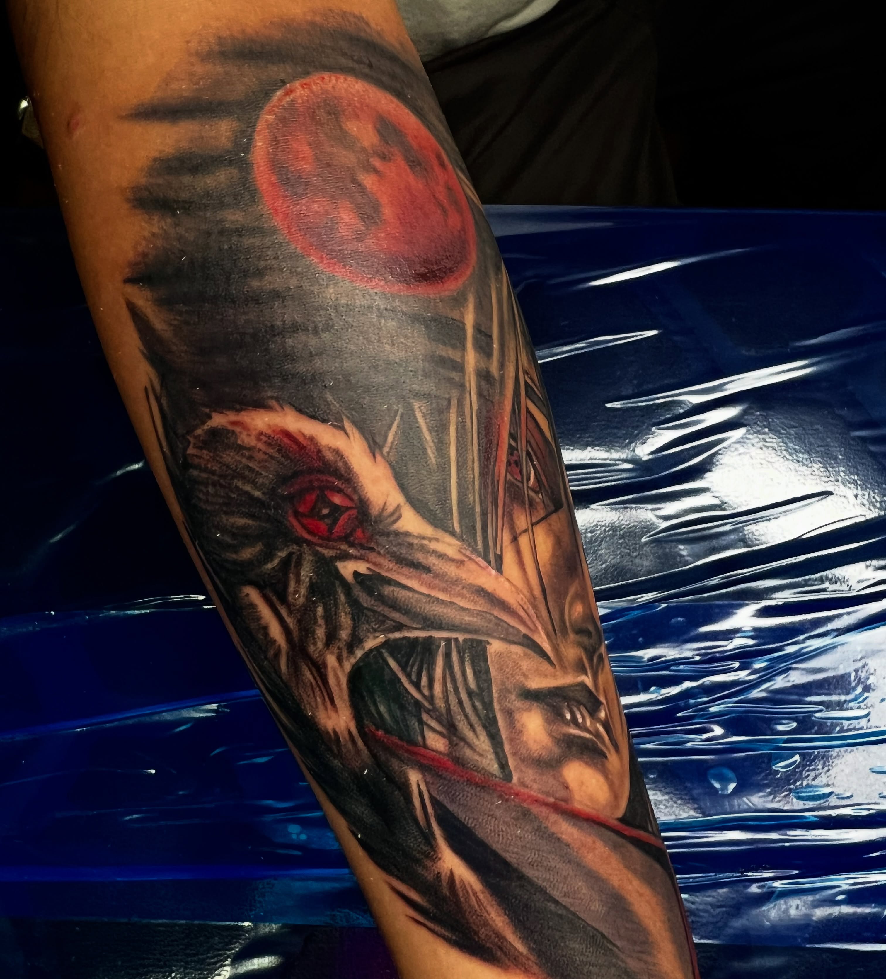 Bird and moon realism tattoo on the forearm by Monstro Ink Arts Tattoos, Bakersfield, California