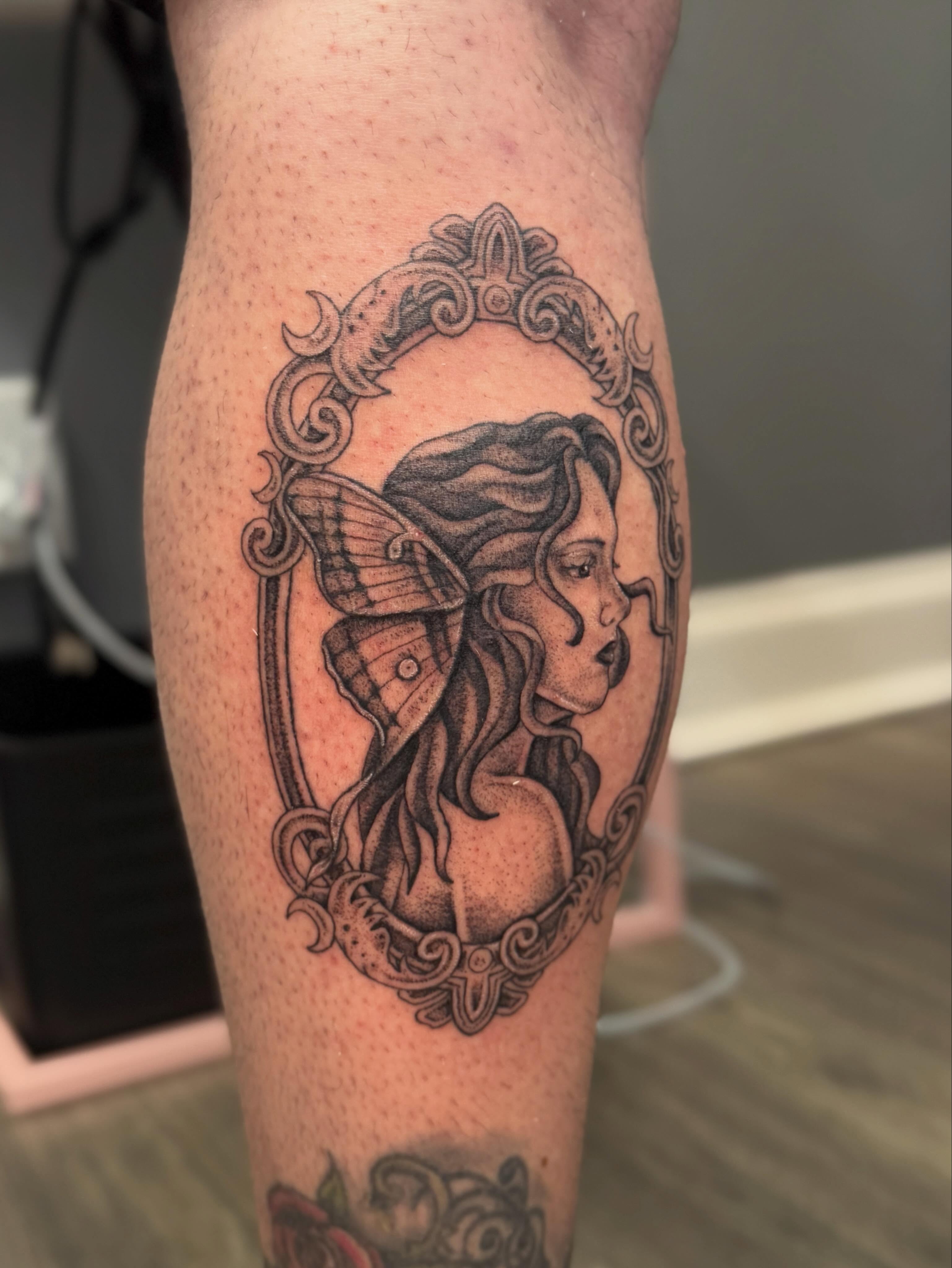 Fairy black and grey tattoo on the forearm by Kamakana Pankiwska