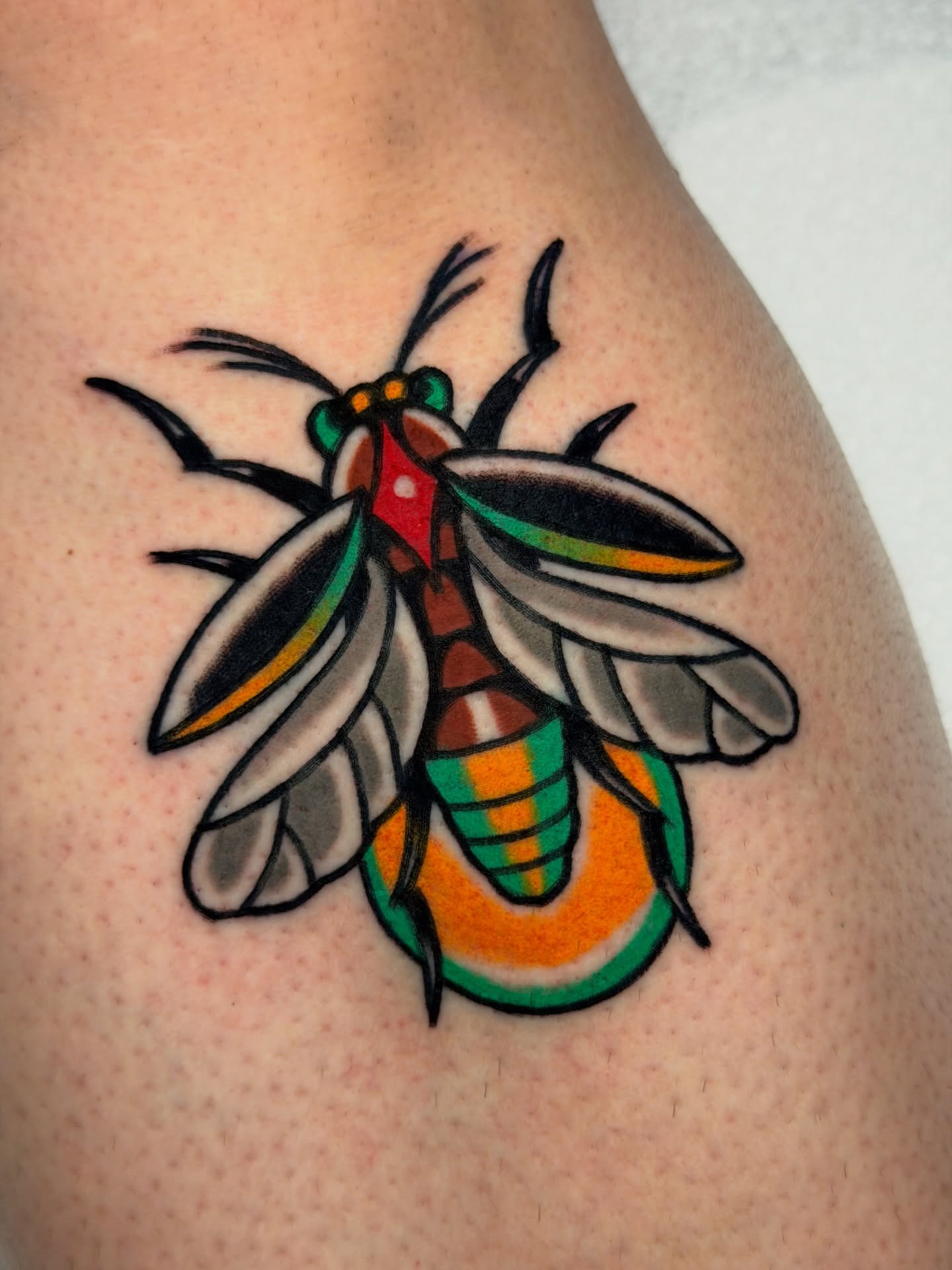 Mosquito American traditional tattoo on the thigh by Kyle Dean Traditional Tattoo Artist