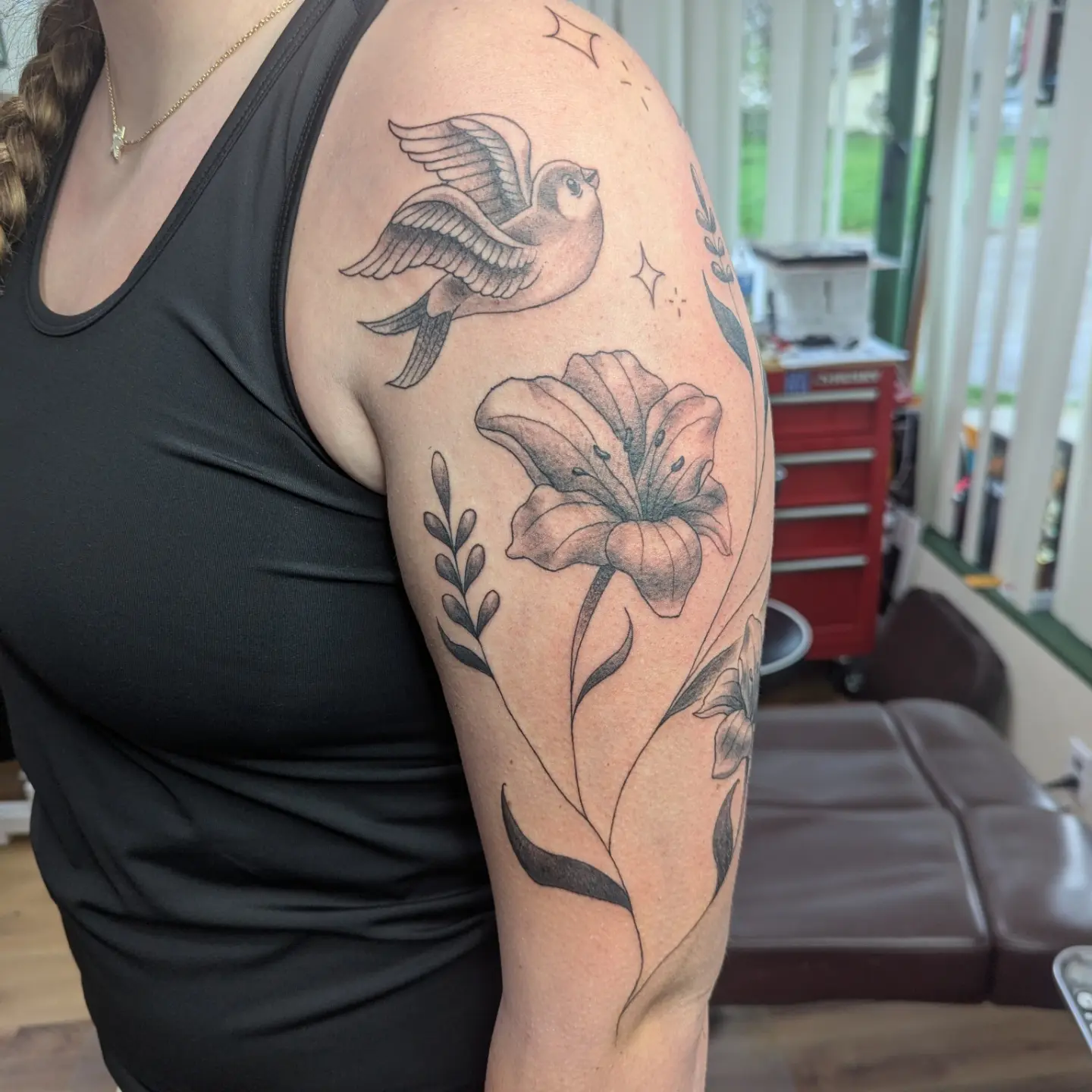 Tattoo by @skiesafiretattoo — black_and_grey