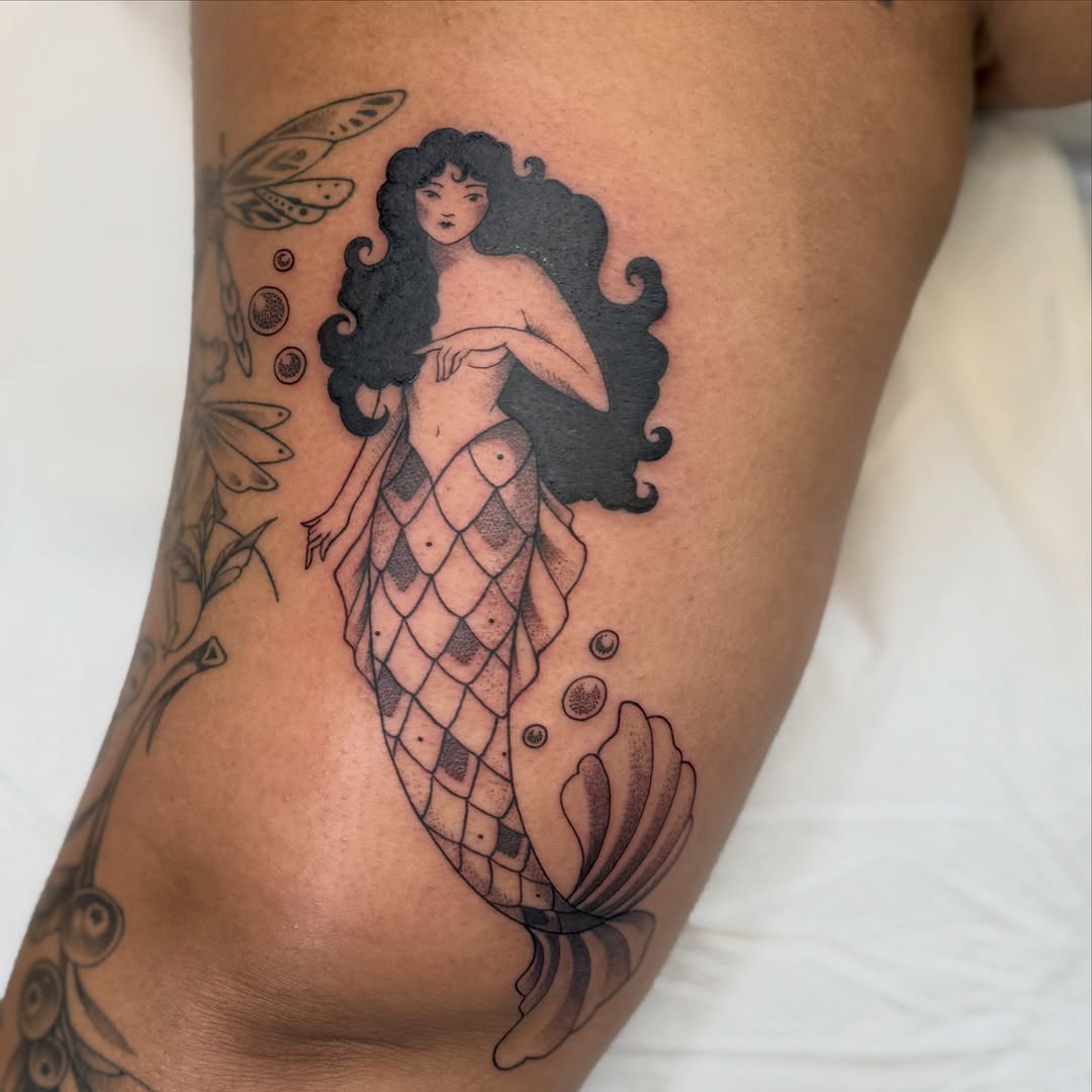 Mermaid black and grey tattoo on the thigh by Kailey Ru, Knoxville, Tennessee