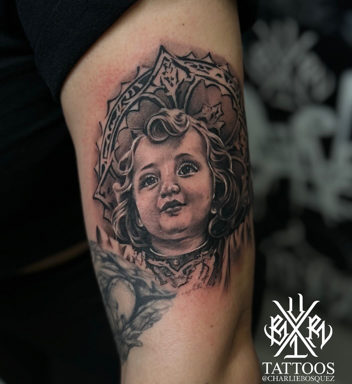 Child portrait realism tattoo on the forearm by El Beaver Tattoos