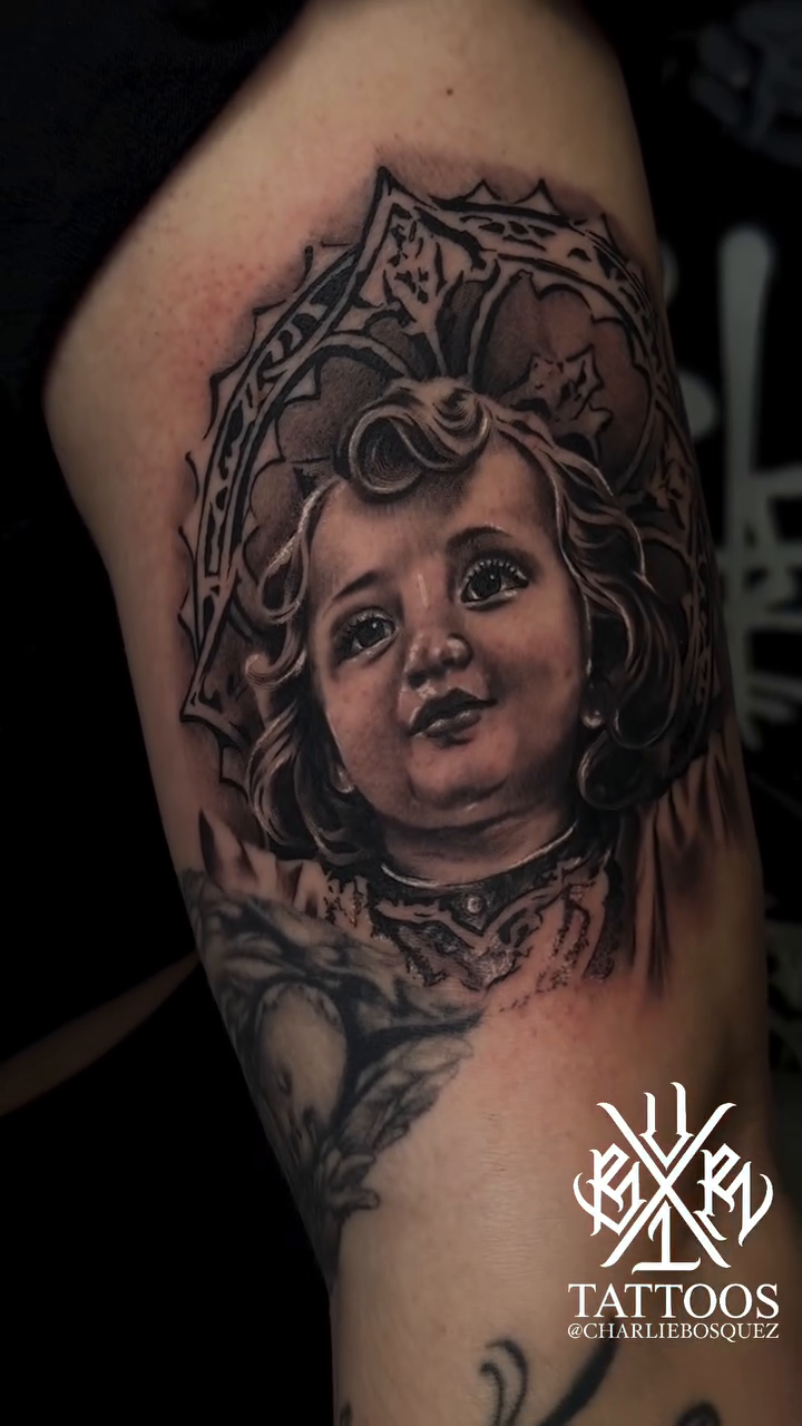Cherub portrait realism tattoo by El Beaver Tattoos