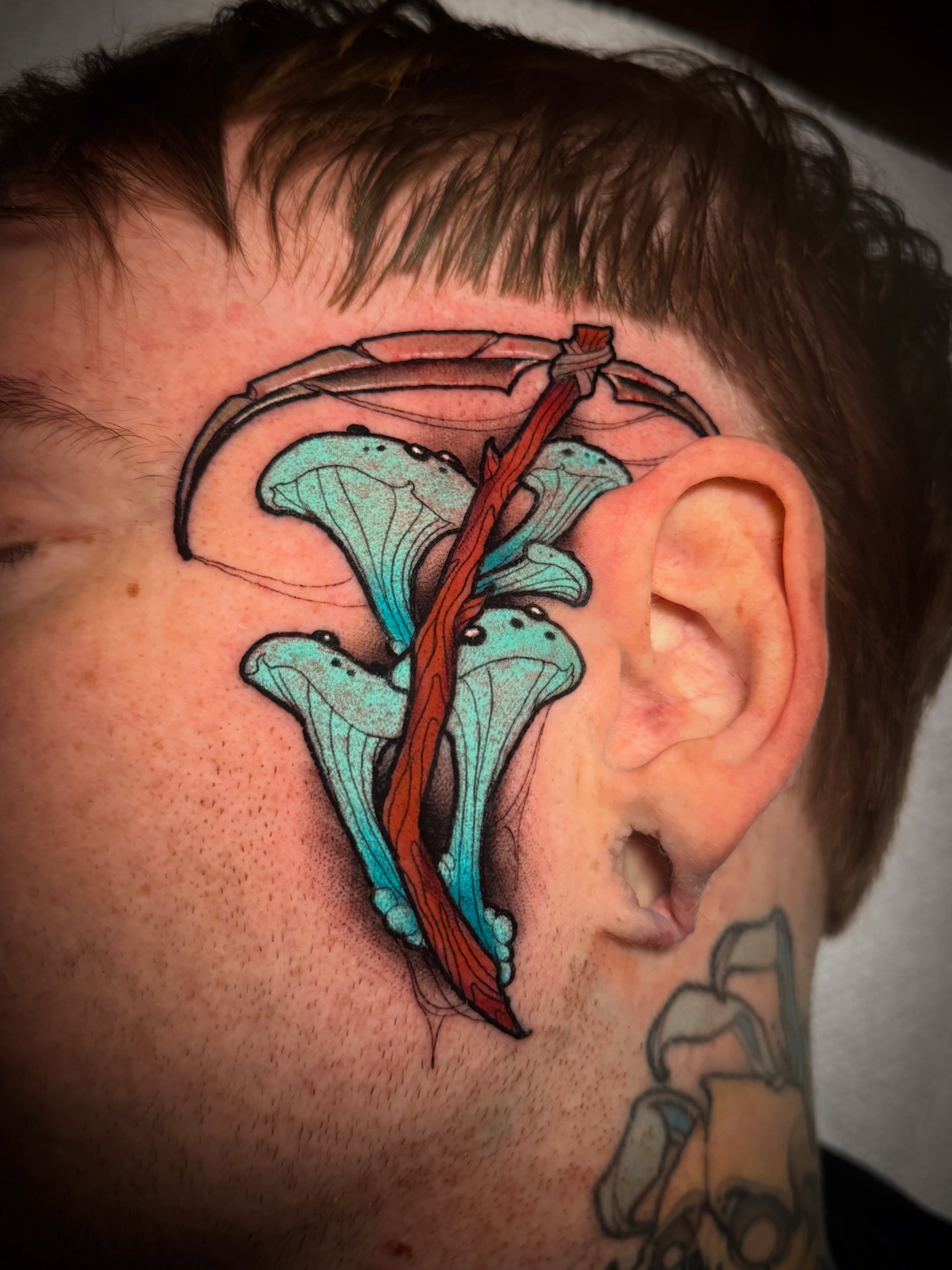Mushroom dotwork tattoo on the head by Dave Osrowitz