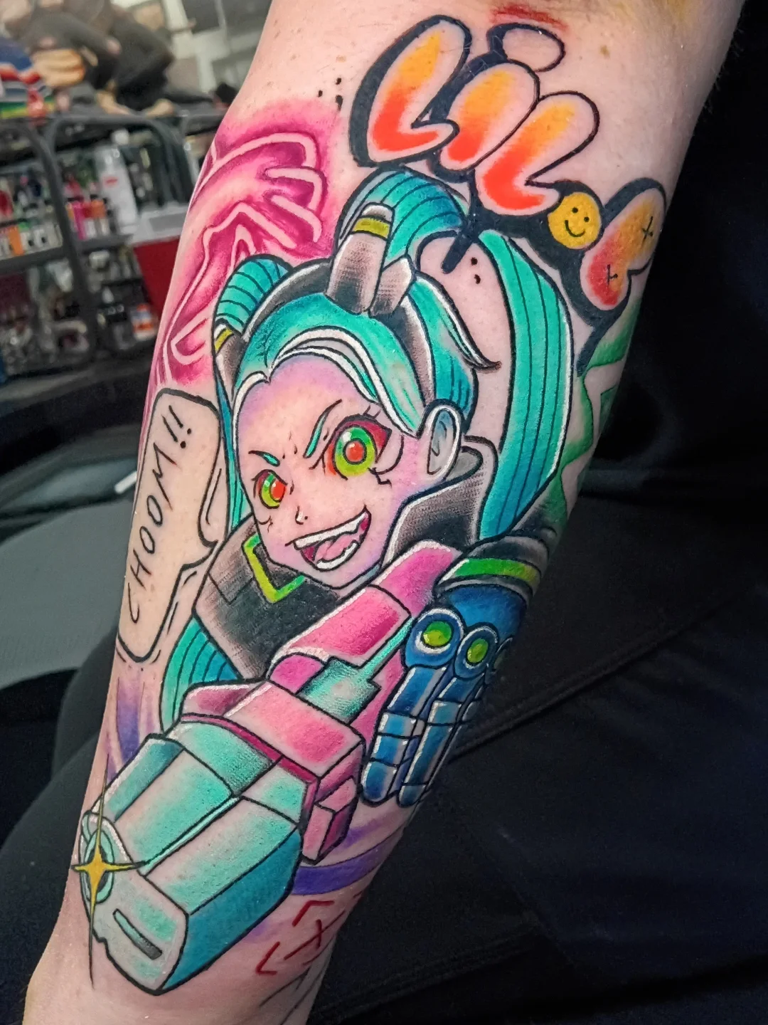 Anime character anime tattoo on the forearm by Rando Rad