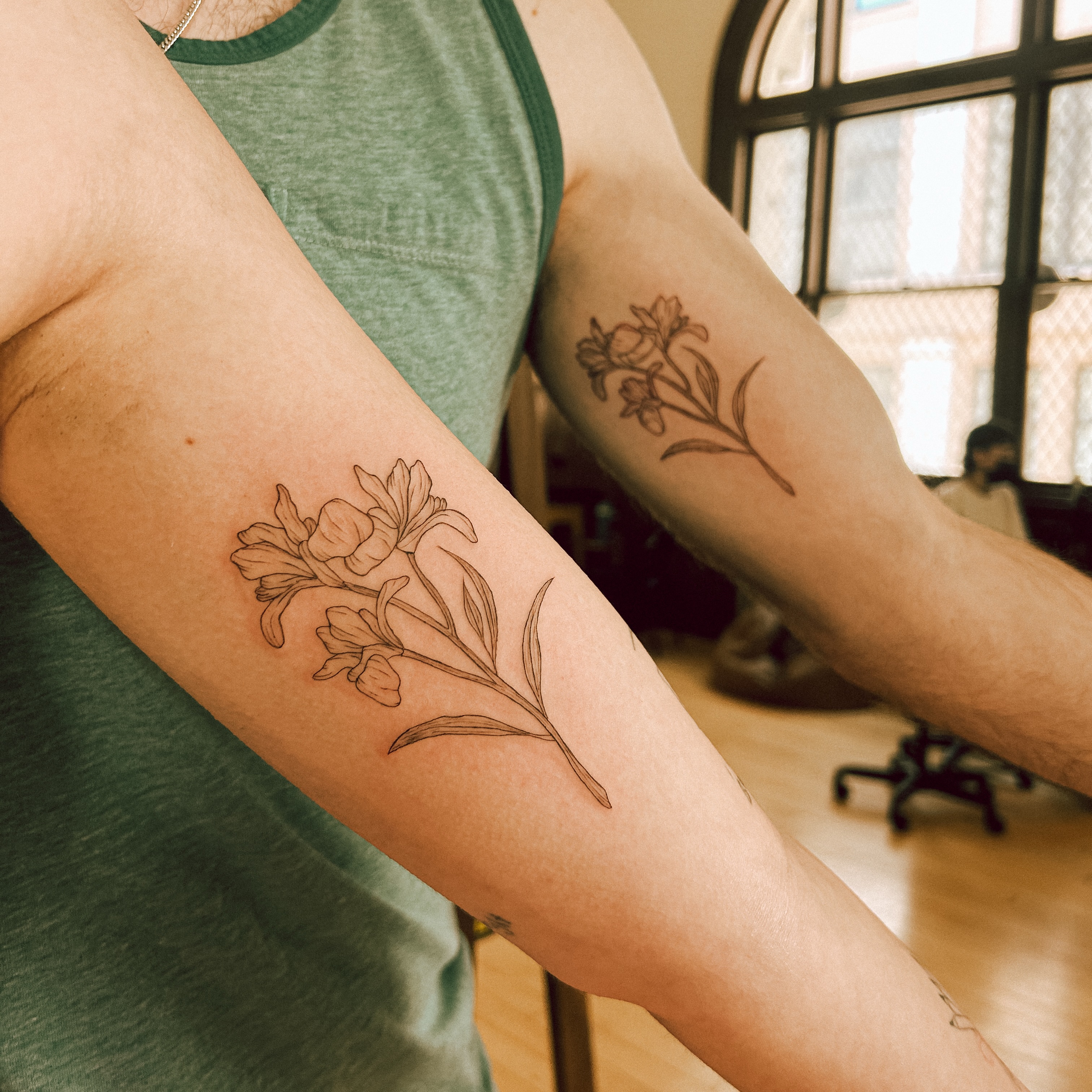 Daffodil black and grey tattoo on the forearm by chloe ☼, Tacoma, Washington