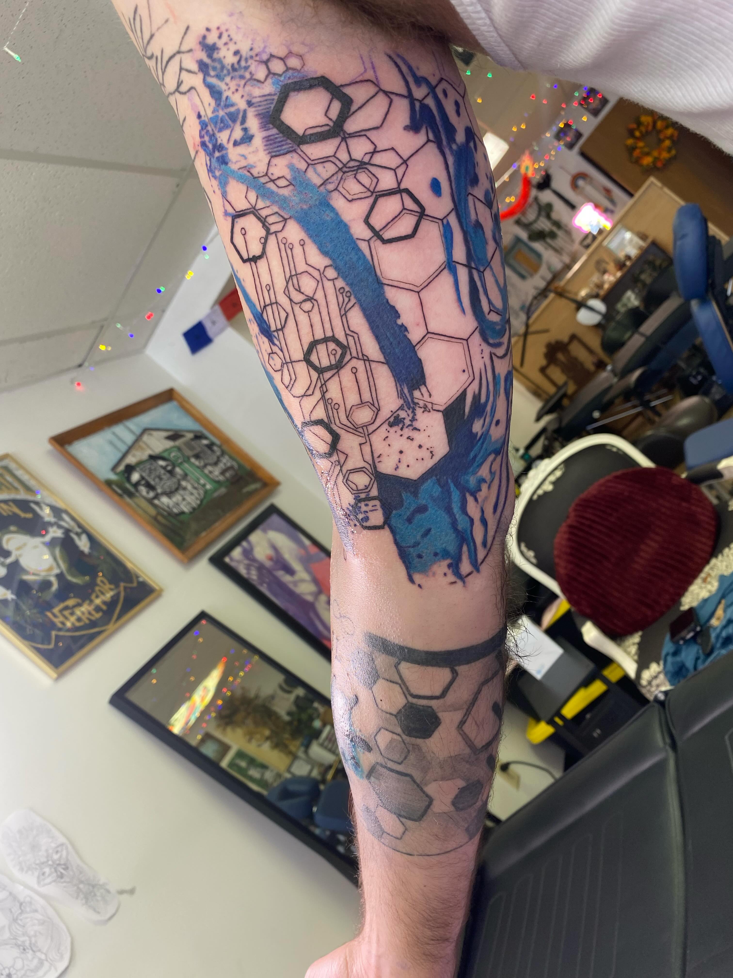 Chemical structure geometric tattoo on the forearm by Katie Leeper