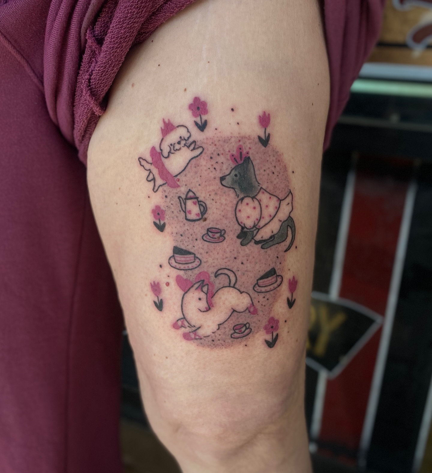 Tea party dotwork tattoo on the upper arm by Elliot Jaye Valentine