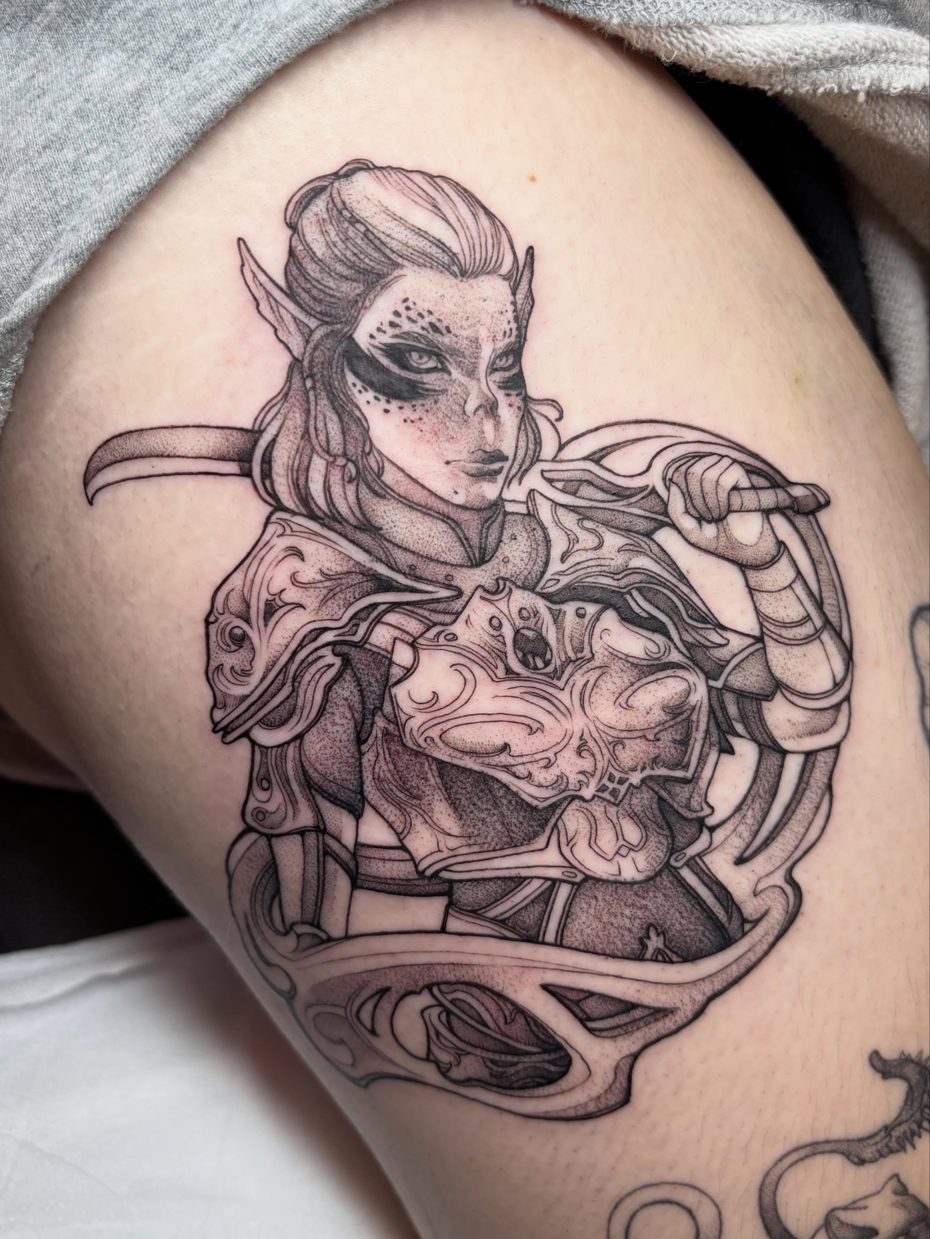 Elf warrior dotwork tattoo on the thigh by joely