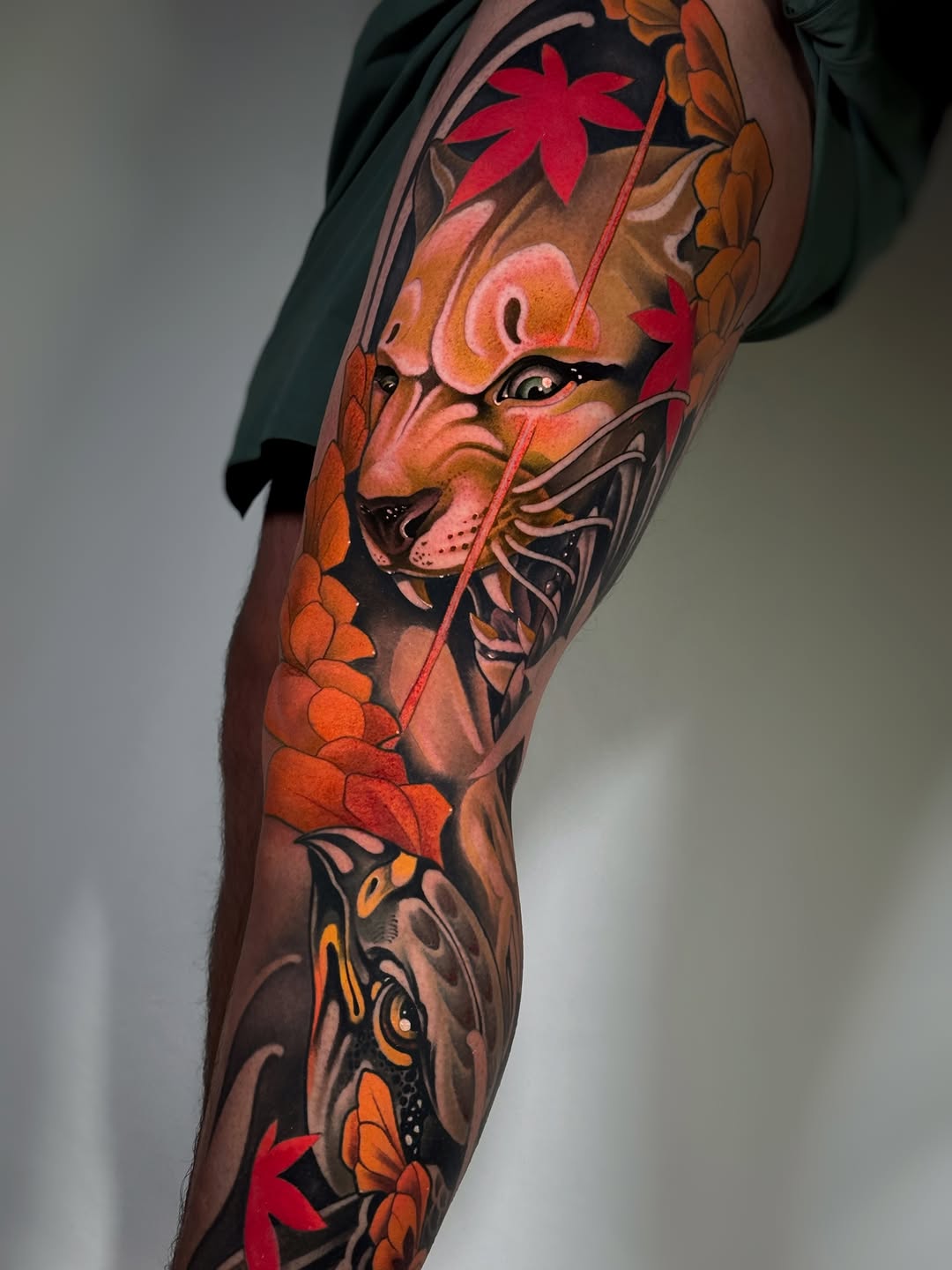 Tiger and butterfly with maple leaves neo-traditional tattoo on the forearm by Aitor Arie, Roseville, California