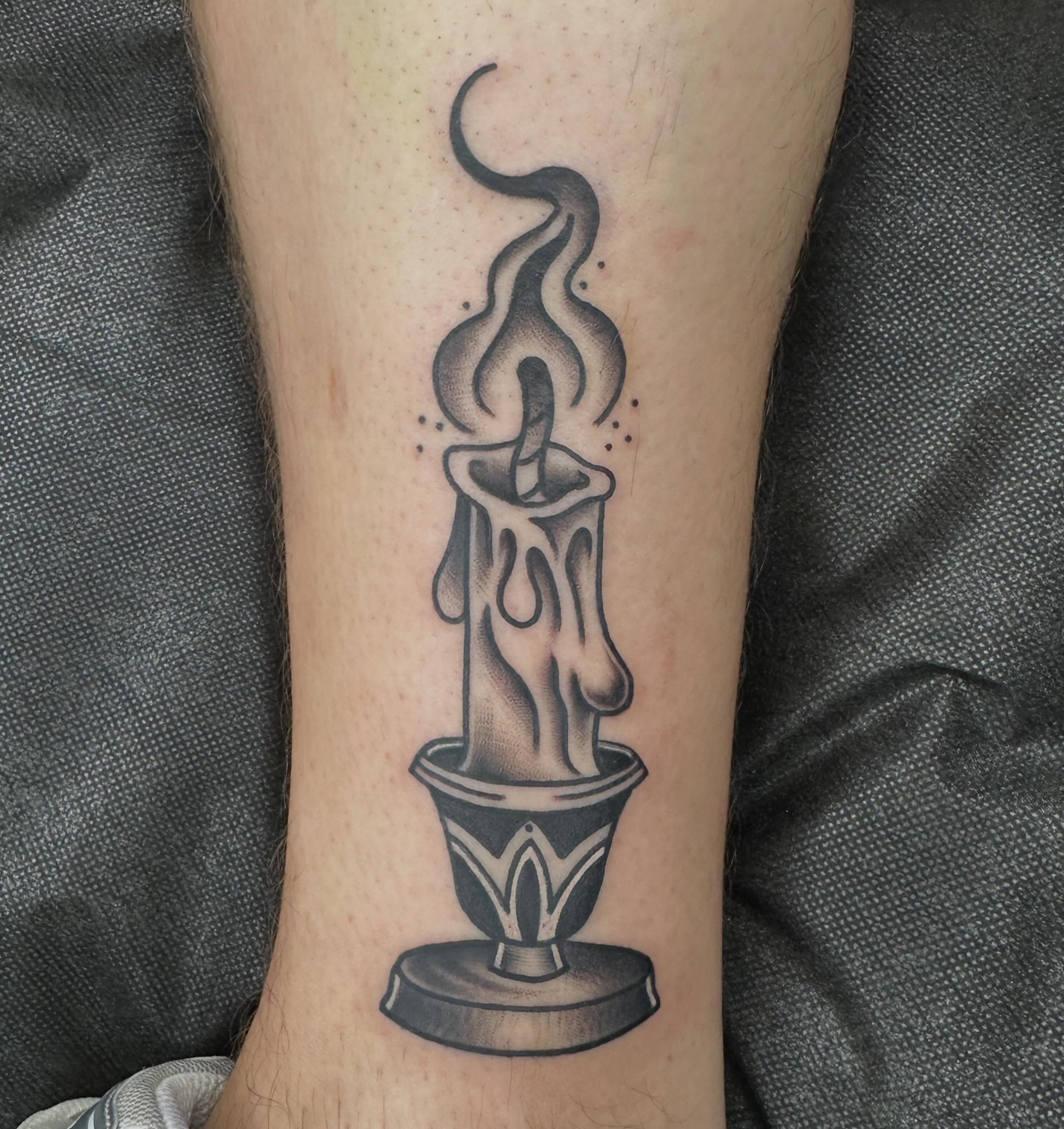 Candle dotwork tattoo on the forearm by Chi, Charlotte, North Carolina