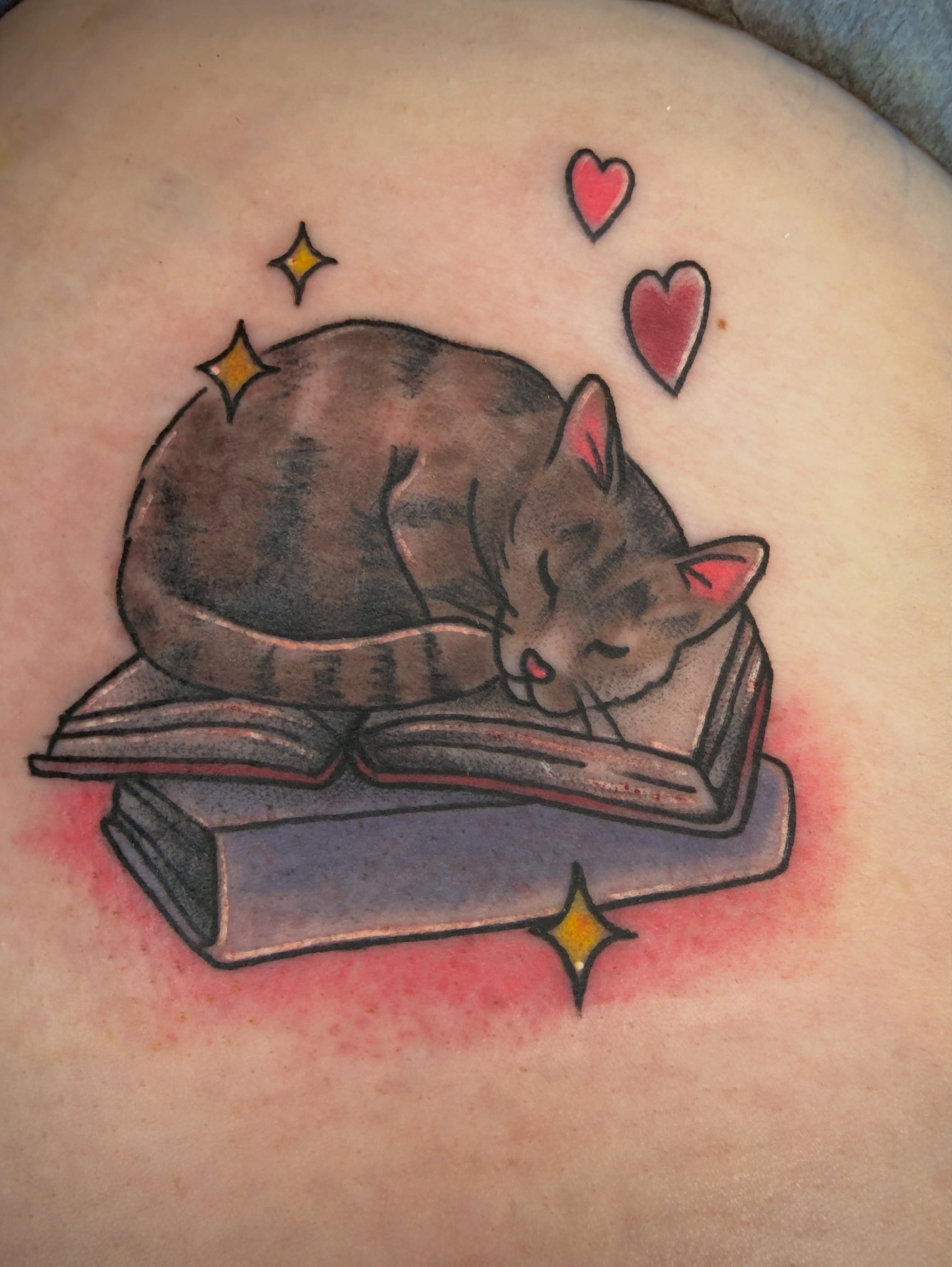 Cat sleeping on books American traditional tattoo on the back by Charlotte (Luna), Seattle, Washington
