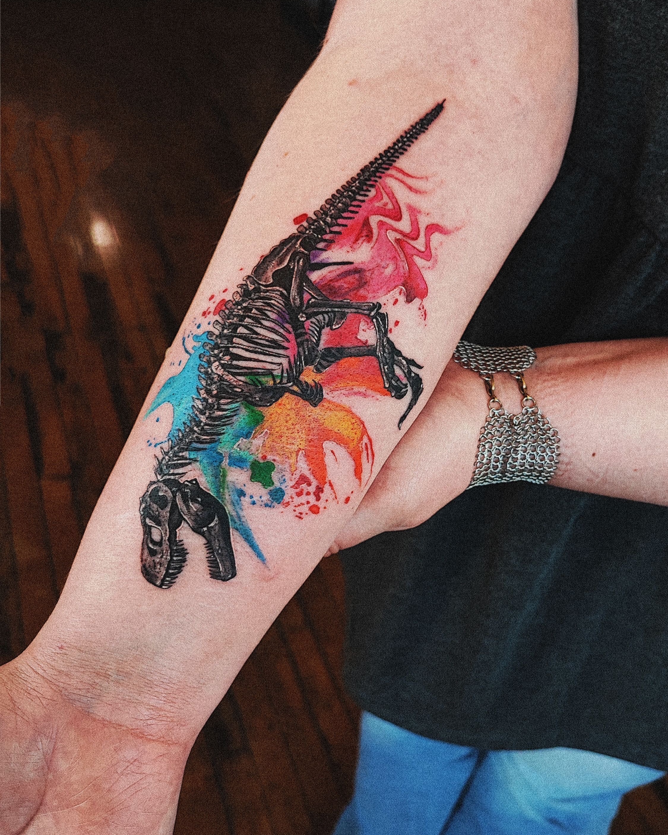Dinosaur skeleton dotwork tattoo on the forearm by 𝗔𝗟𝗘𝗫 𝗣𝗥𝗘𝗤𝗨𝗘𝗟 𝗧𝗔𝗧𝗧𝗢𝗢𝗦 𝗖𝗛𝗜𝗖𝗔𝗚𝗢 ™, Chicago, Illinois