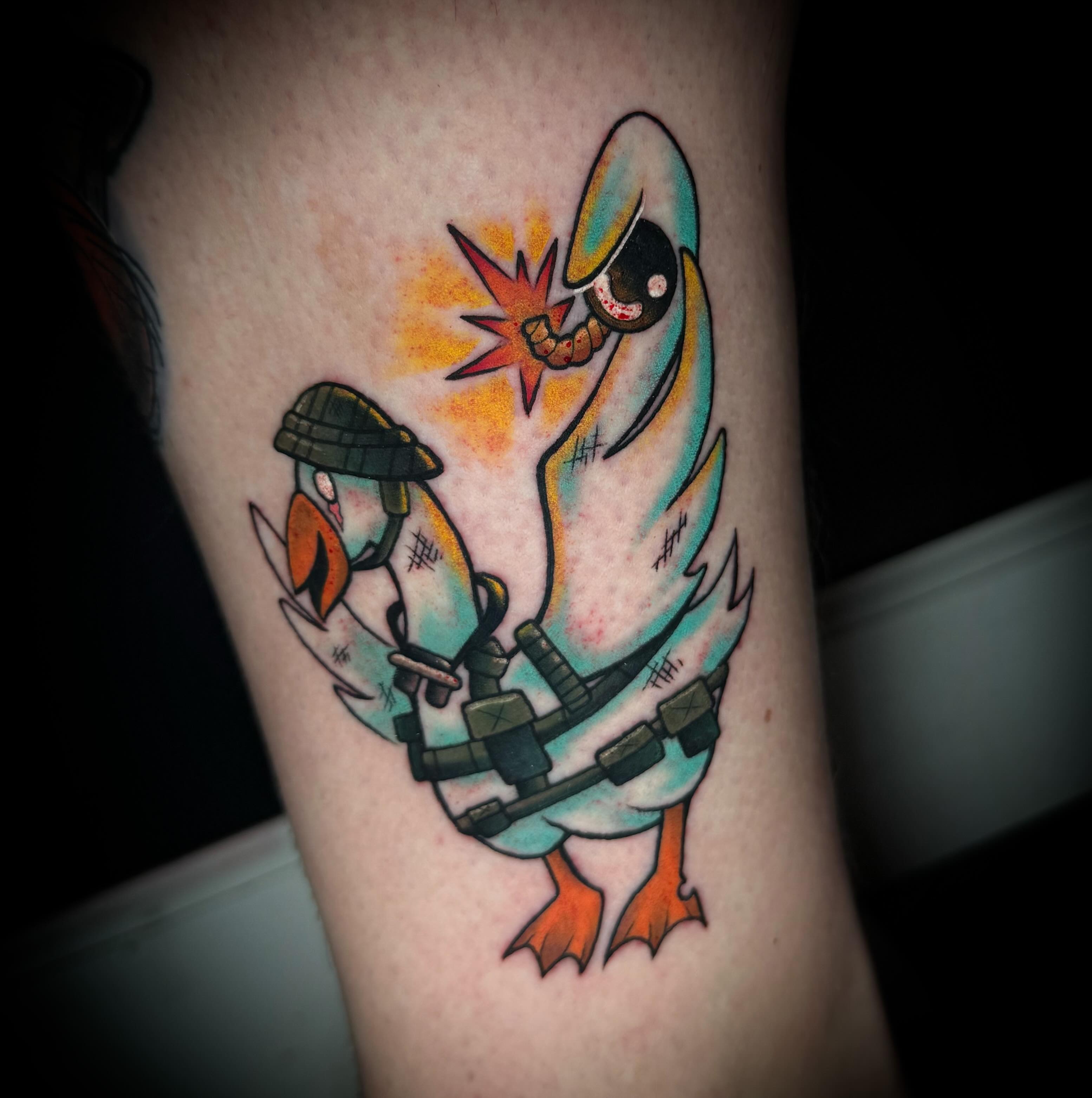 Mechanical duck American traditional tattoo on the forearm by Savannah Duff