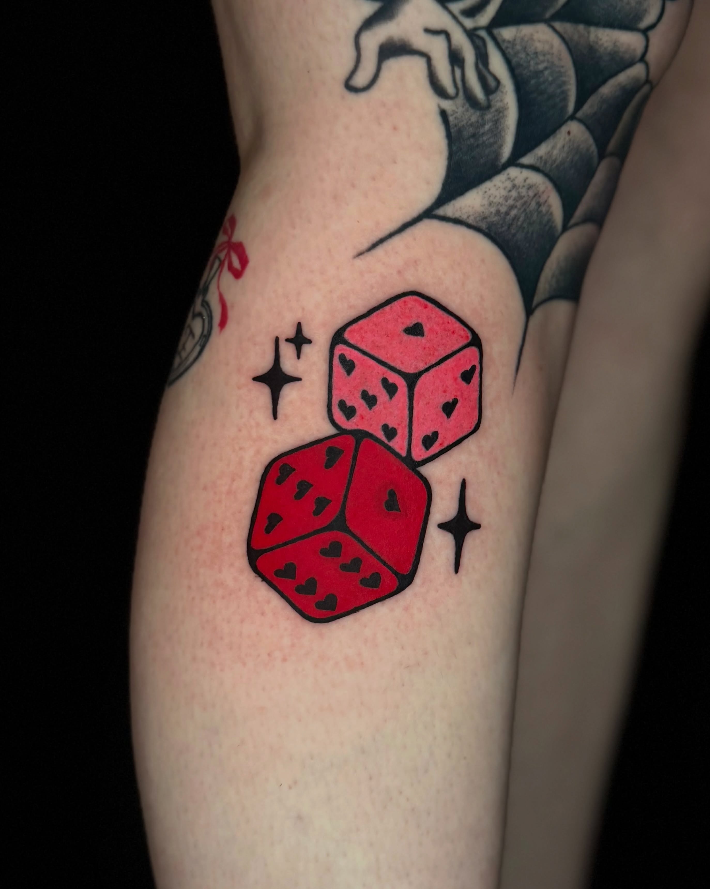 Red dice American traditional tattoo on the forearm by ⋆。˚⭒♡ 𝕰𝖑𝖊𝖓𝖆 𝕽𝖎𝖛𝖊𝖗𝖆 ♡⭒˚。⋆
