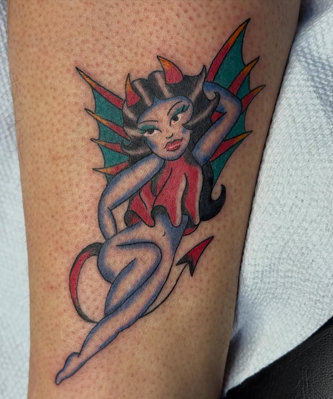 Devil pin-up girl neo-traditional tattoo on the forearm by 🌛 𐌀𐌋𐌄𐋄𐌉𐌔 🌜