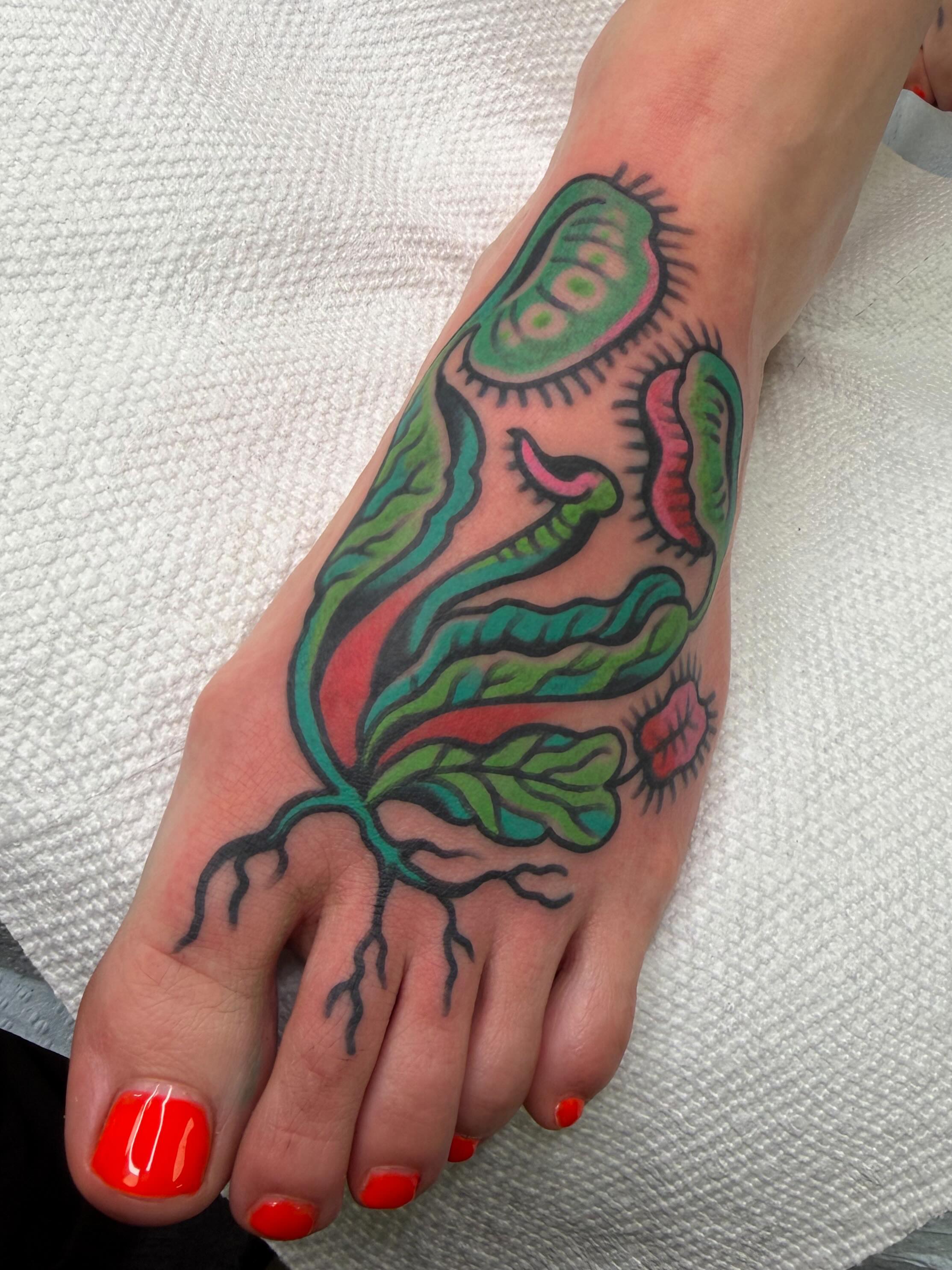Plant with roots new school tattoo on the foot by Danny Reed, Asheville, North Carolina