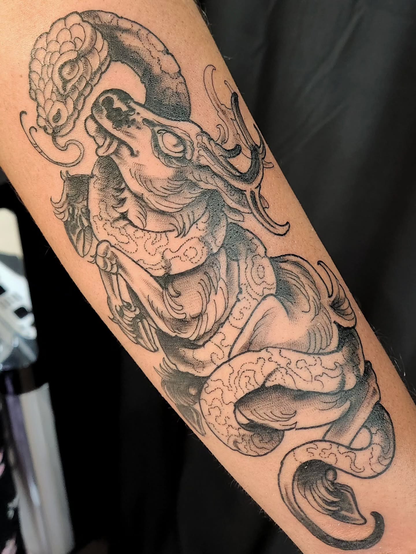 Dragon black and grey tattoo on the forearm by Randy