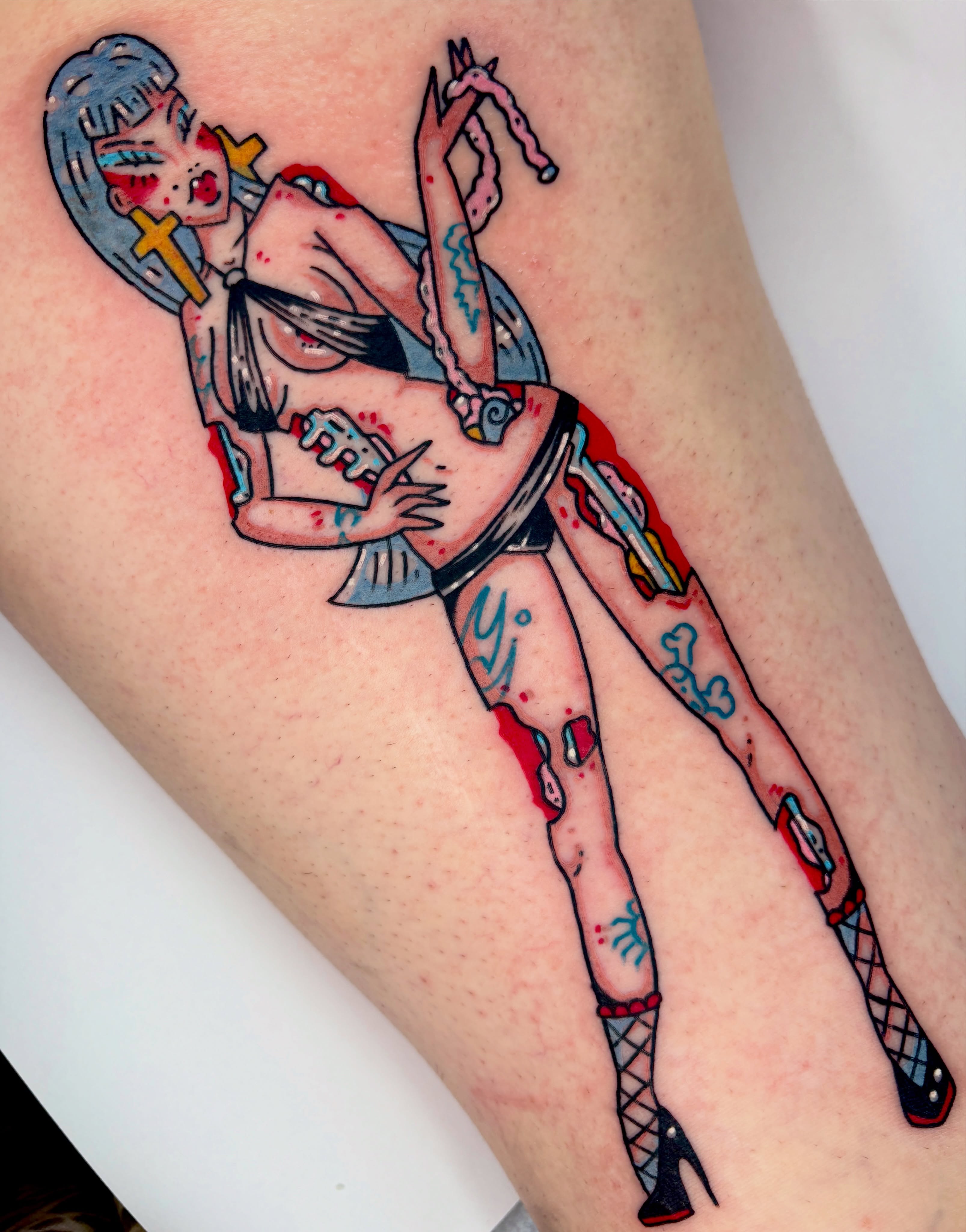 Anime-style character American traditional tattoo on the thigh by Bella