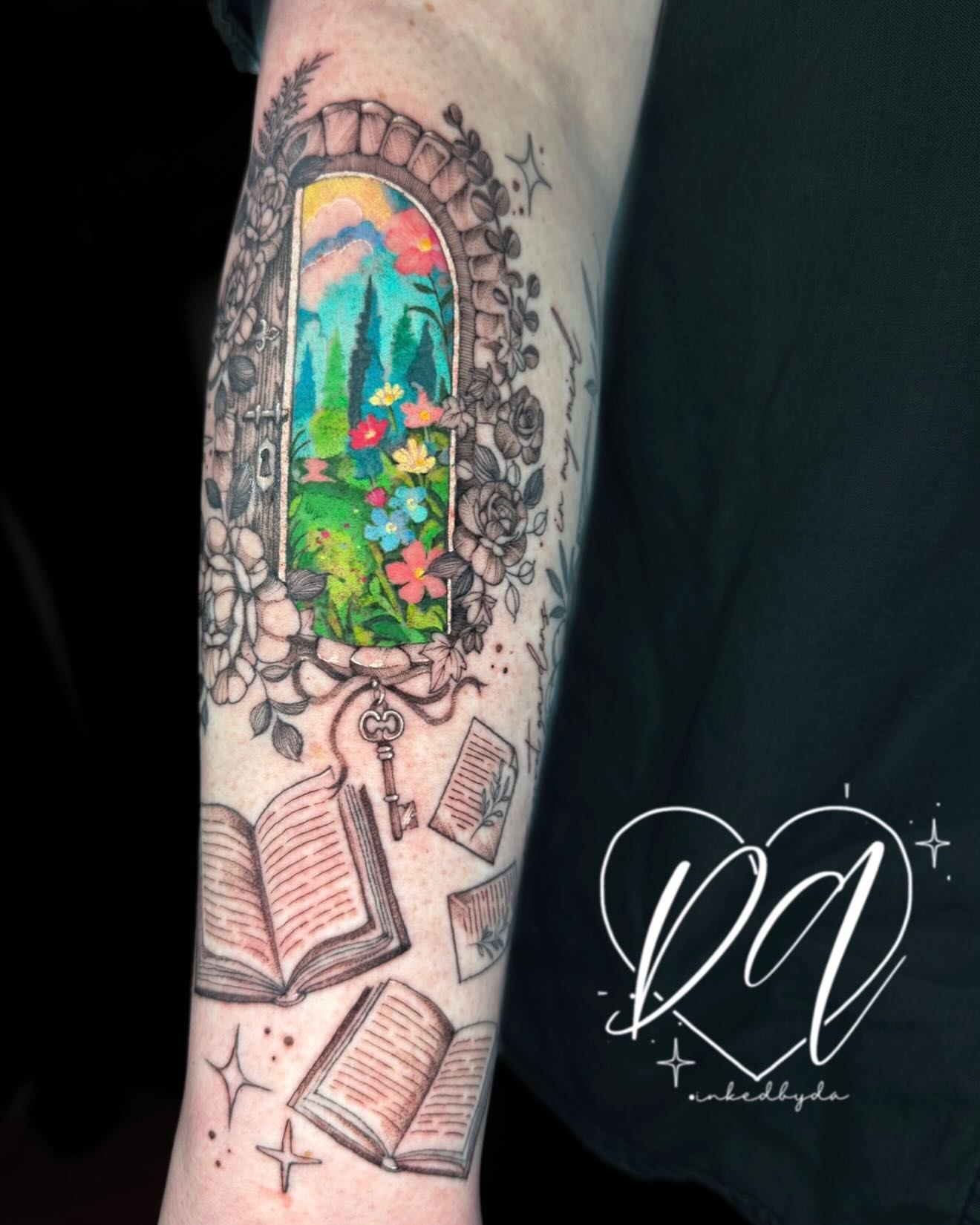 Window with garden view illustrative tattoo on the forearm by Dalton Alexandria