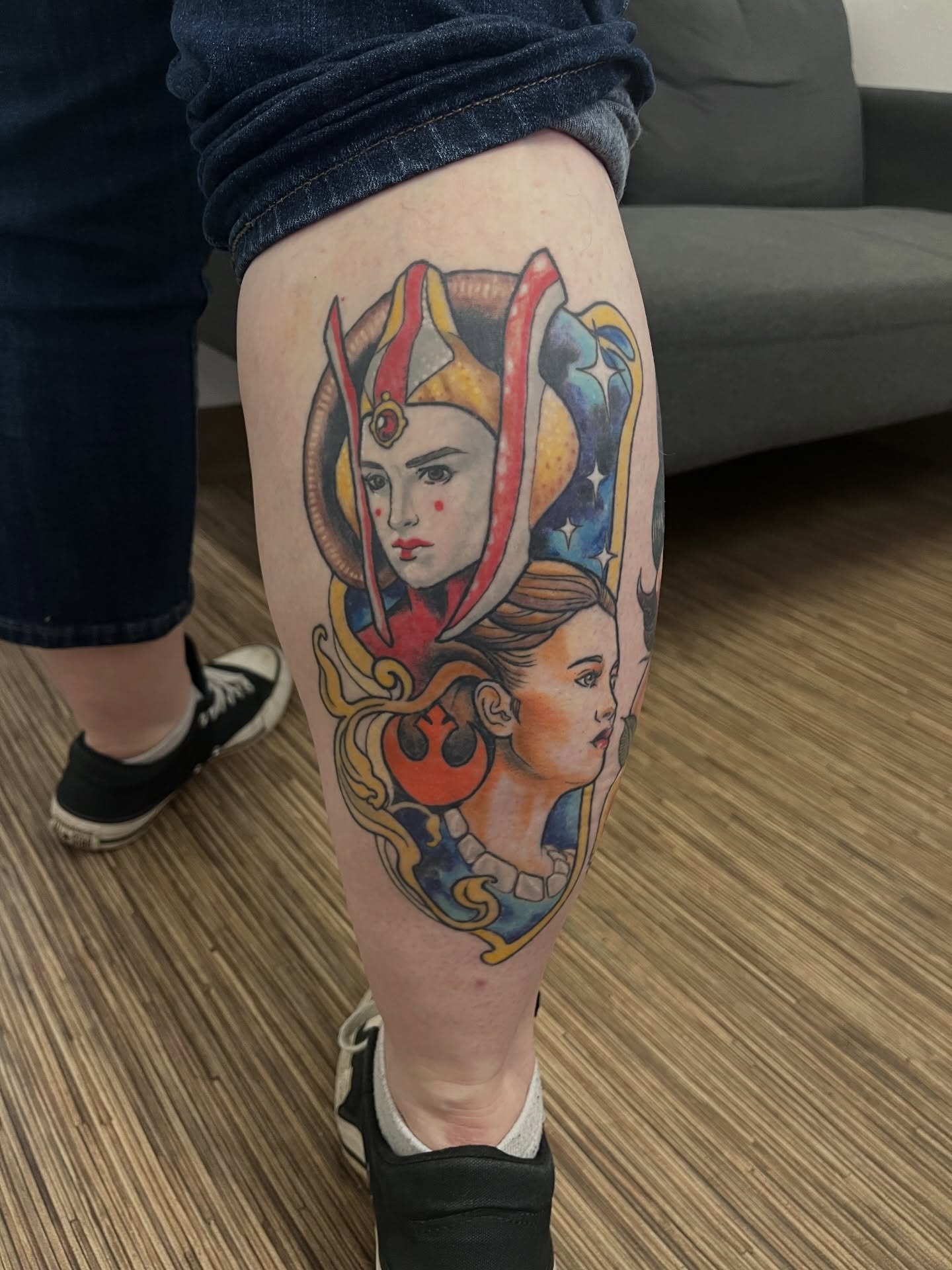 Ahsoka Tano and Padmé Amidala realism tattoo on the thigh by Lacey B, Portland, Oregon