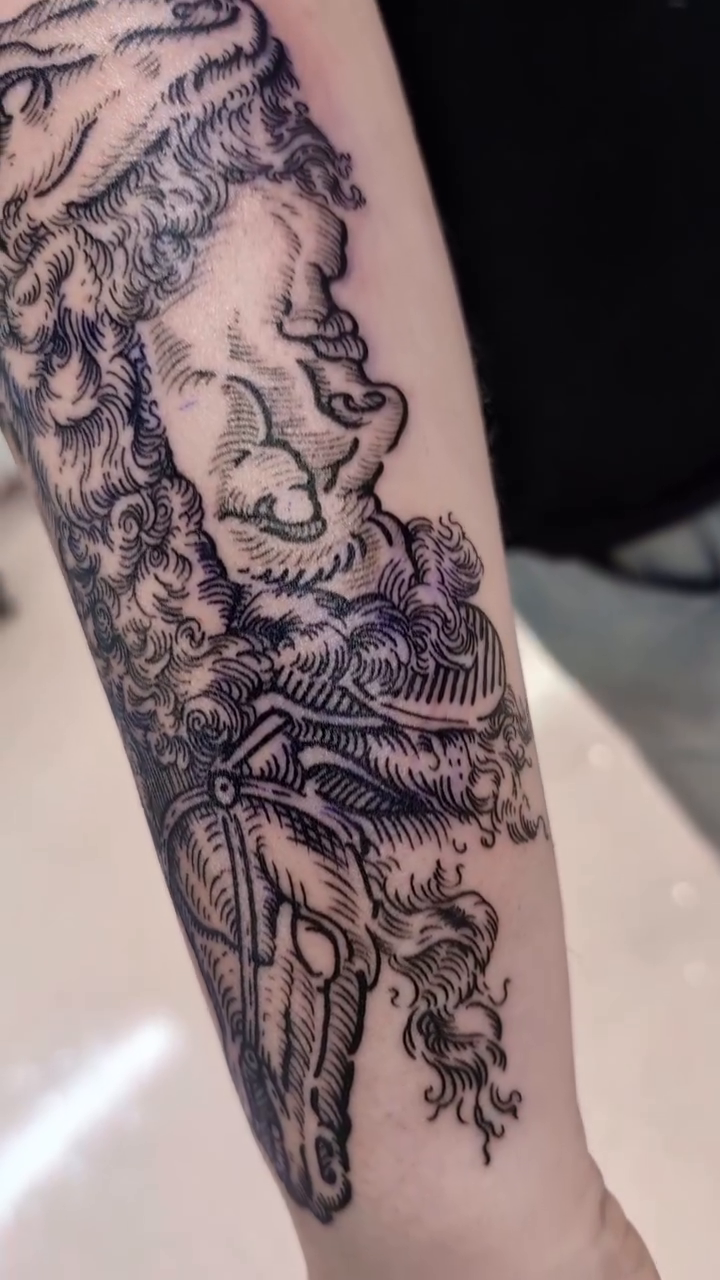 Mythological figure with horse sketch tattoo on the forearm by Rhiannon