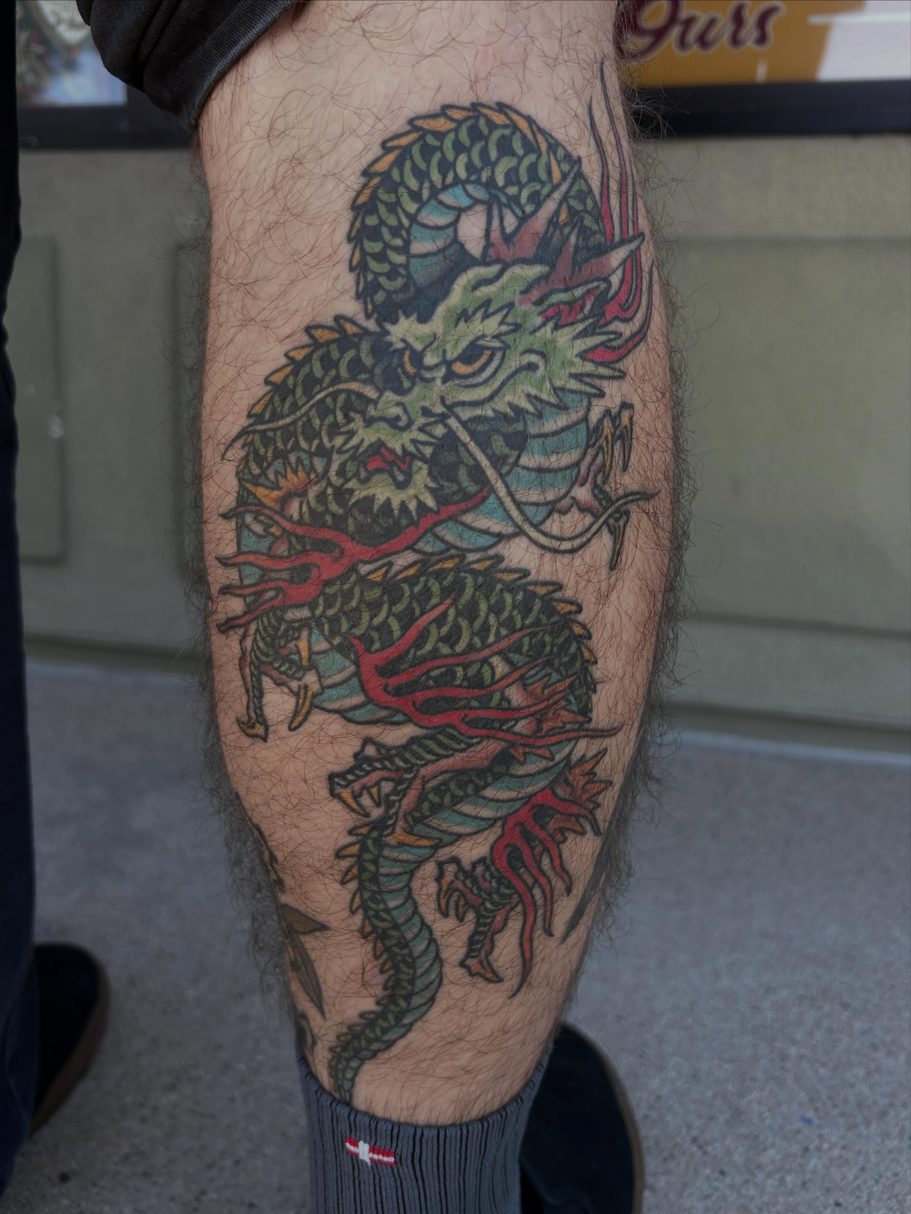 Dragon japanese irezumi tattoo on the forearm by Jade McKenzie, Temecula, California