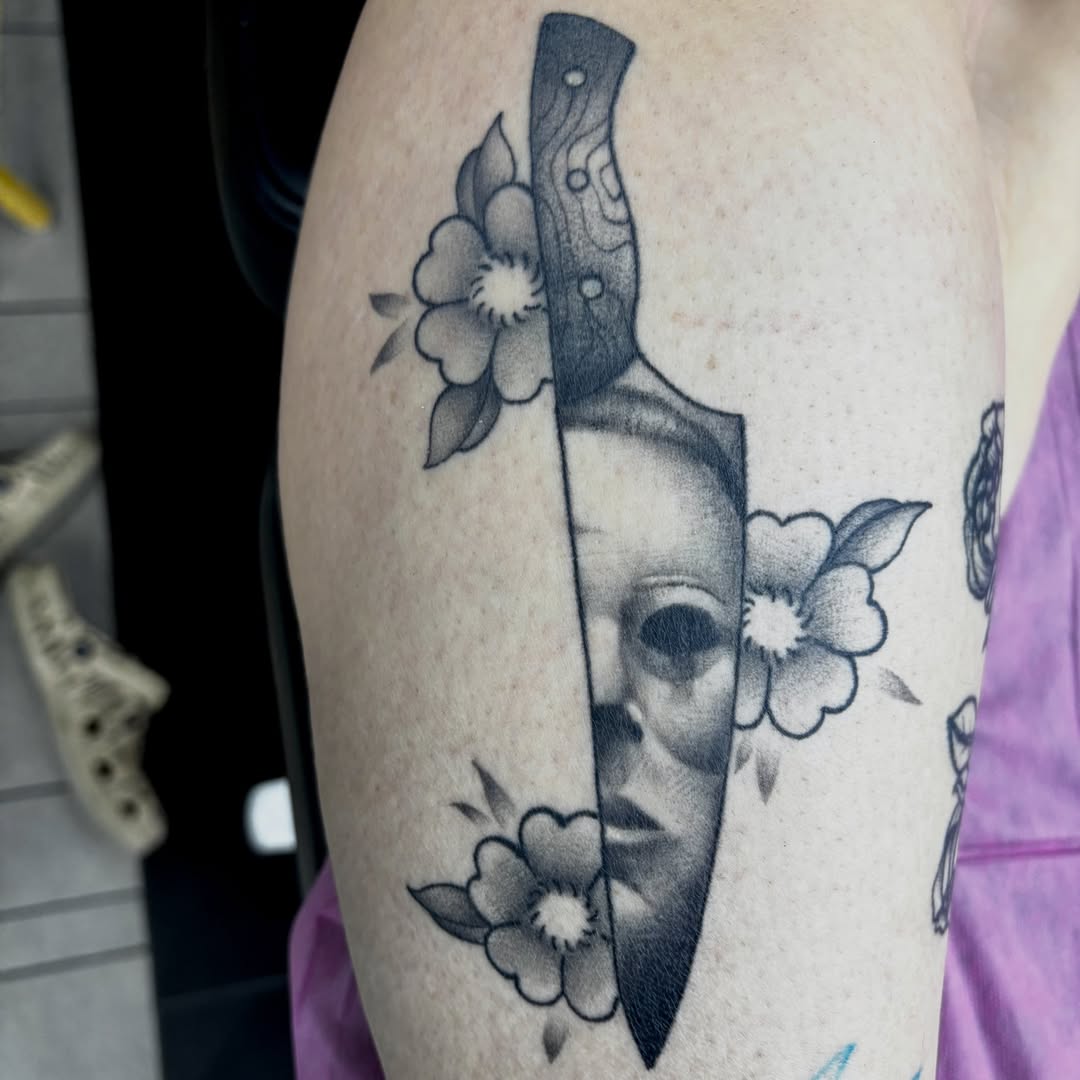Knife and flowers dotwork tattoo on the forearm by Elise Lamoureux- Tattoo Artist, Airdrie, Alberta