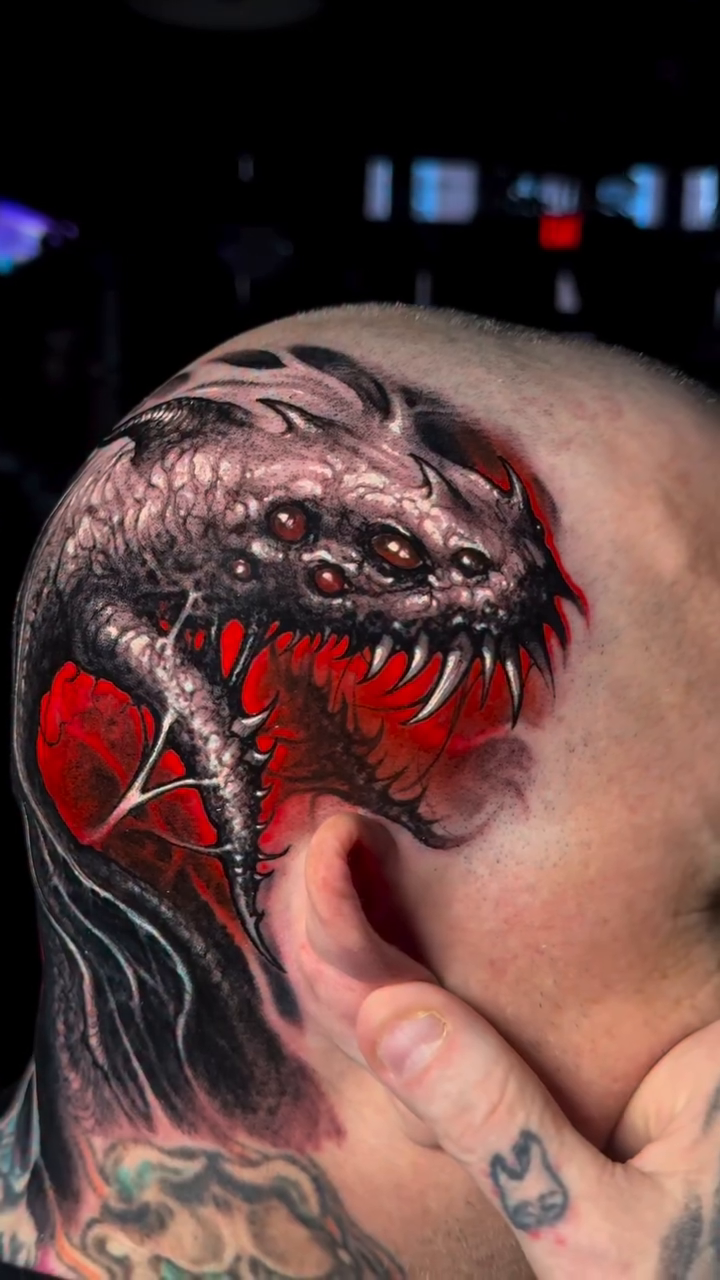 Dragon head tattoo on scalp realism tattoo on the head by Brandon Herrera