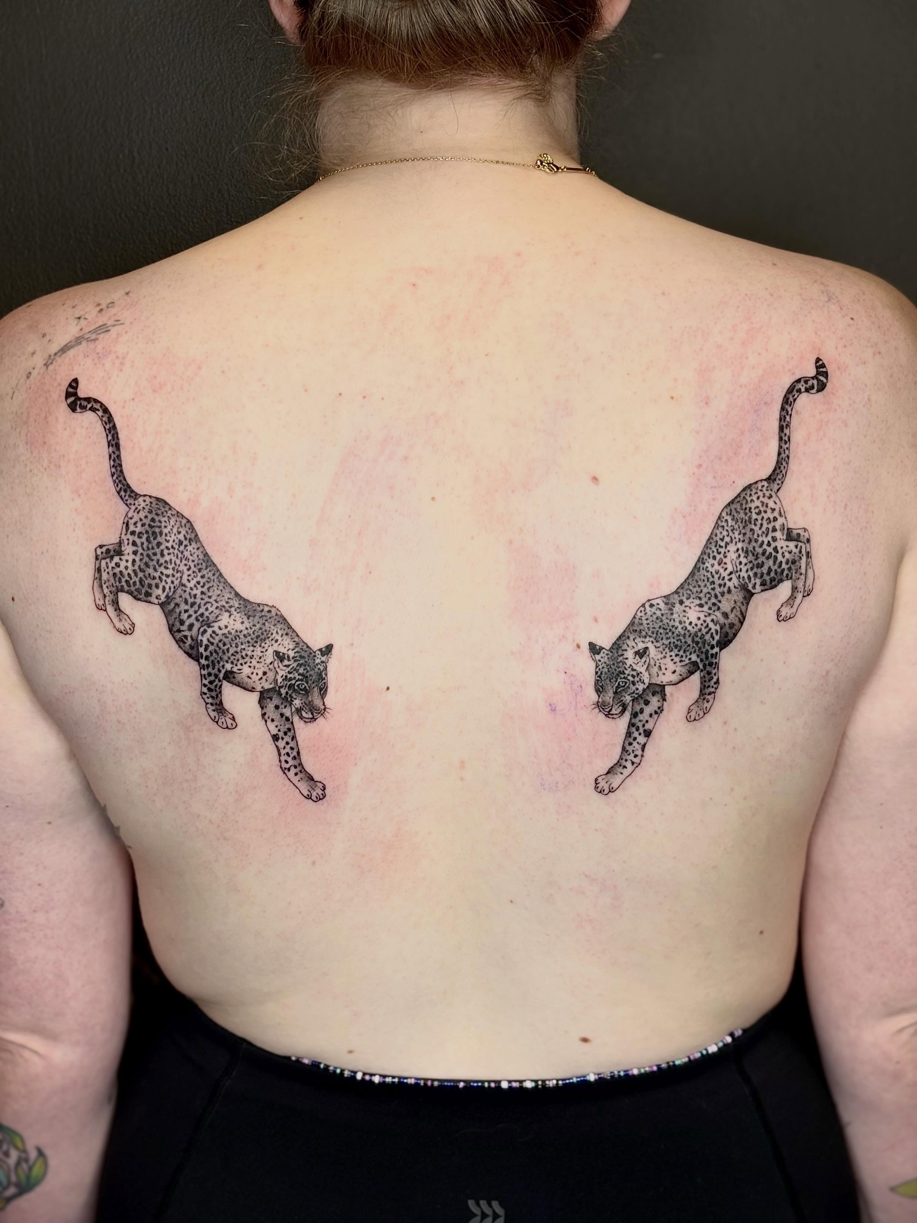 Leopards black and grey tattoo on the back by 🖤Sidney🖤