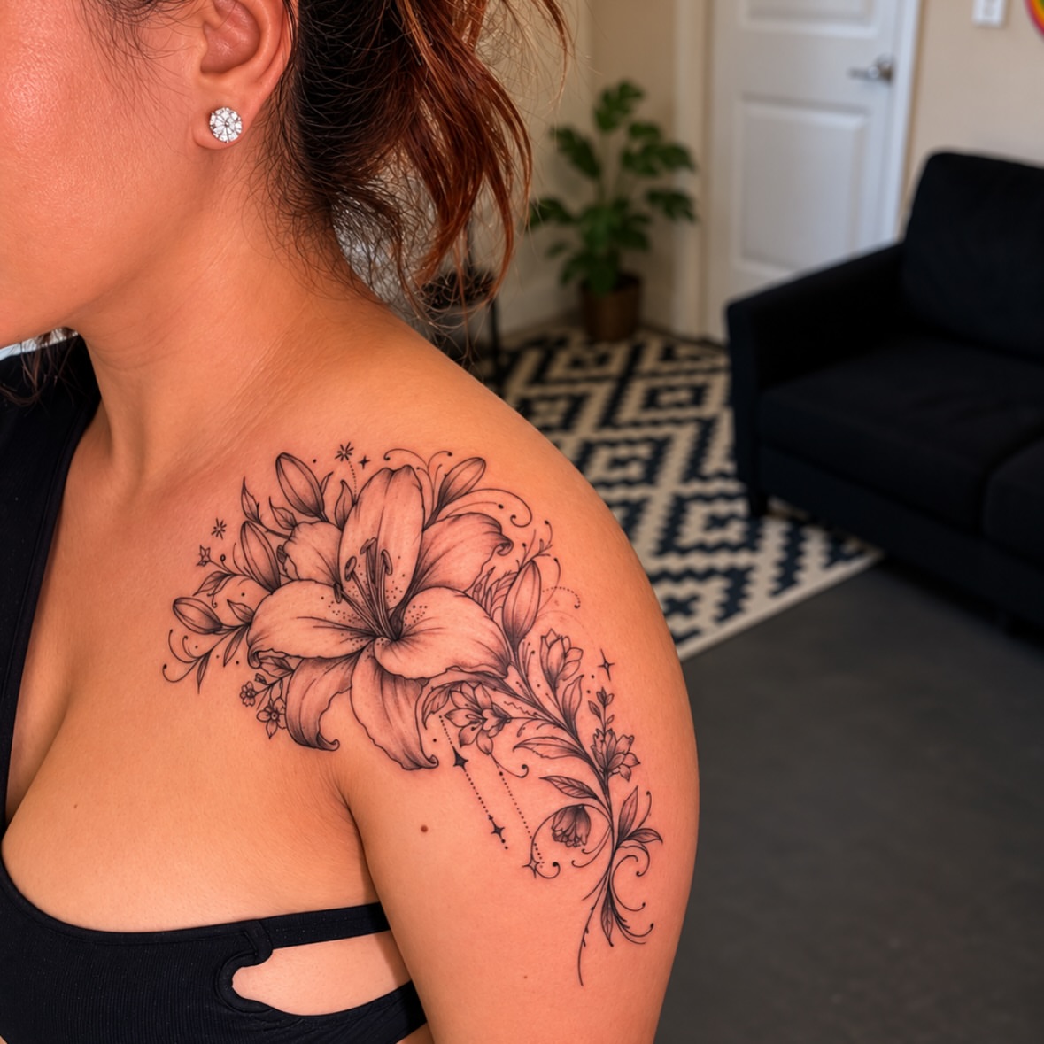 Lily flowers realism tattoo on the shoulder by Cece, Las Vegas, Nevada