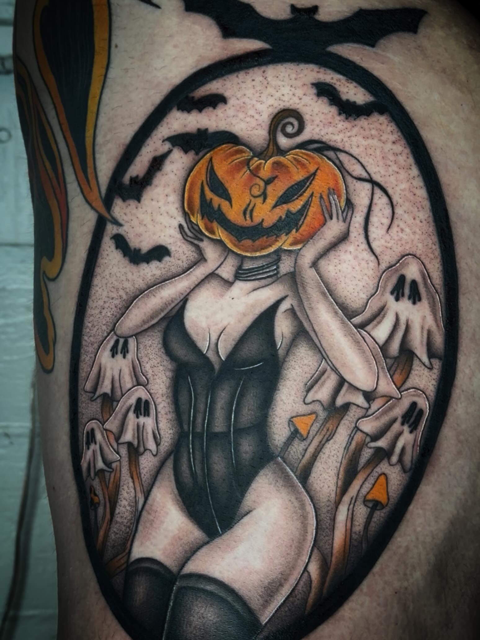 Pumpkin-headed woman dark realism tattoo on the thigh by 𝕳𝖆𝖓𝖓𝖆𝖍 𝕮𝖆𝖓𝖋𝖎𝖊𝖑𝖉 ✨ Memphis Tattoo Artist, Memphis, Tennessee