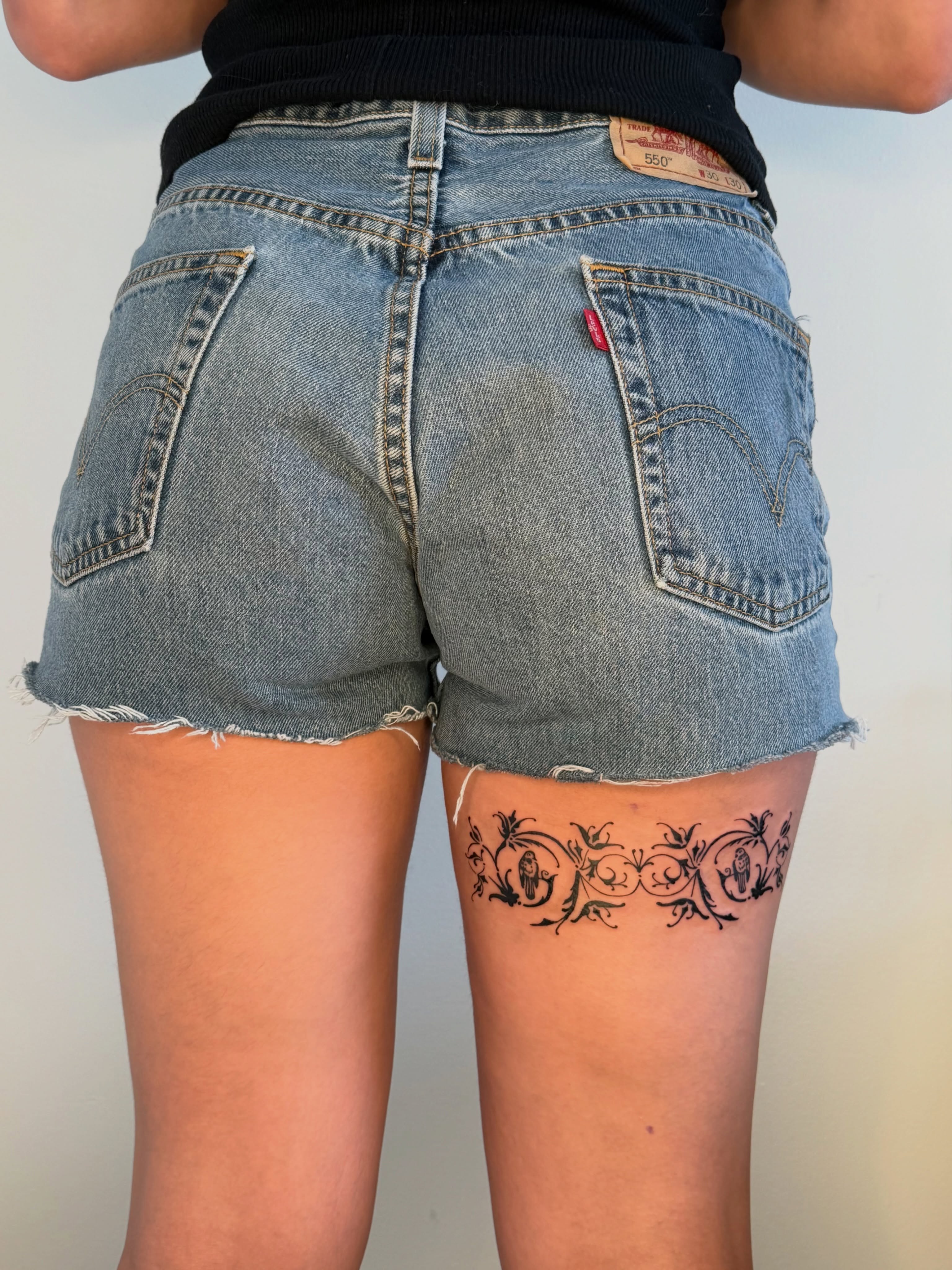 Floral vine black and grey tattoo on the thigh by ♤ Catherine Stengel ♤