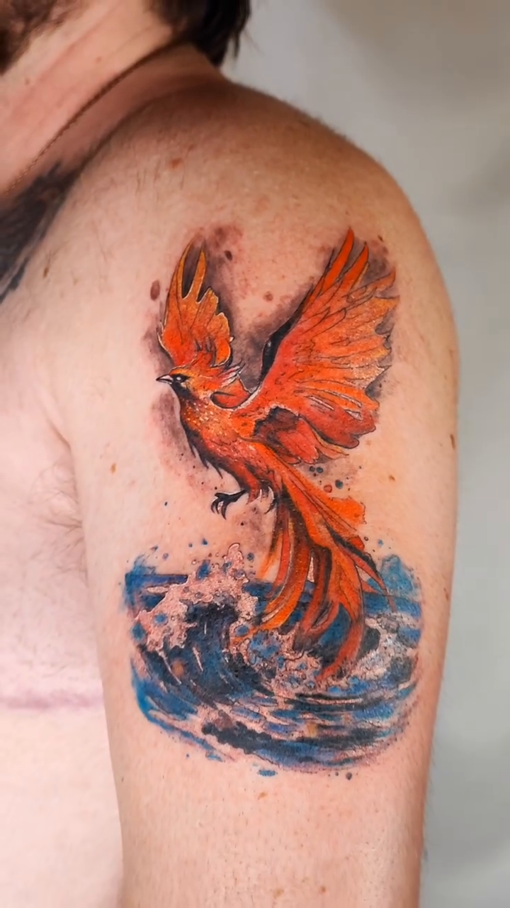 Phoenix bird over water realism tattoo by 𝗔𝗟𝗘𝗫 𝗣𝗥𝗘𝗤𝗨𝗘𝗟 𝗧𝗔𝗧𝗧𝗢𝗢𝗦 𝗖𝗛𝗜𝗖𝗔𝗚𝗢 ™, Chicago, Illinois