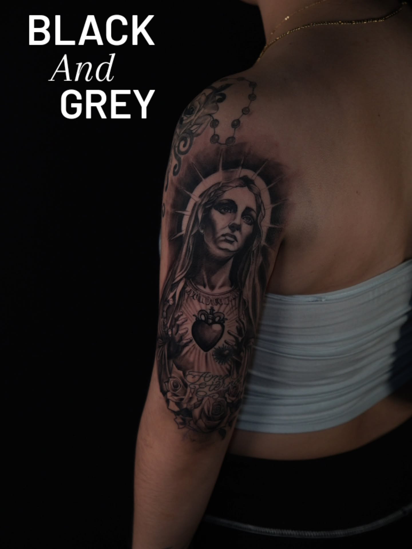 Religious figure realism tattoo on the shoulder by @tattoobytats