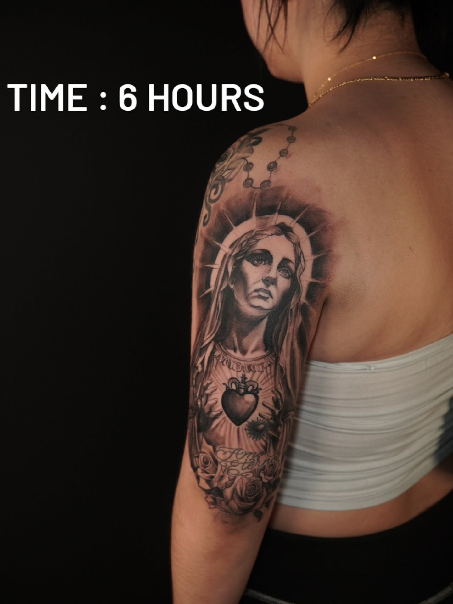 Religious figure realism tattoo on the shoulder by @tattoobytats
