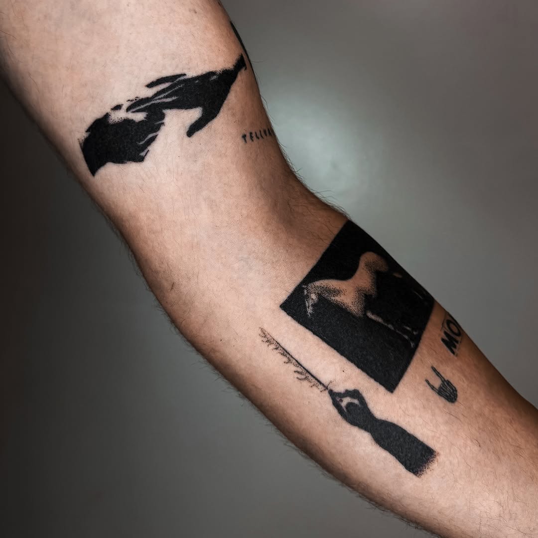 Abstract shapes black and grey tattoo on the forearm by Javier  Darder 𓃭𓀠✬✹☄︎❁☠︎³³