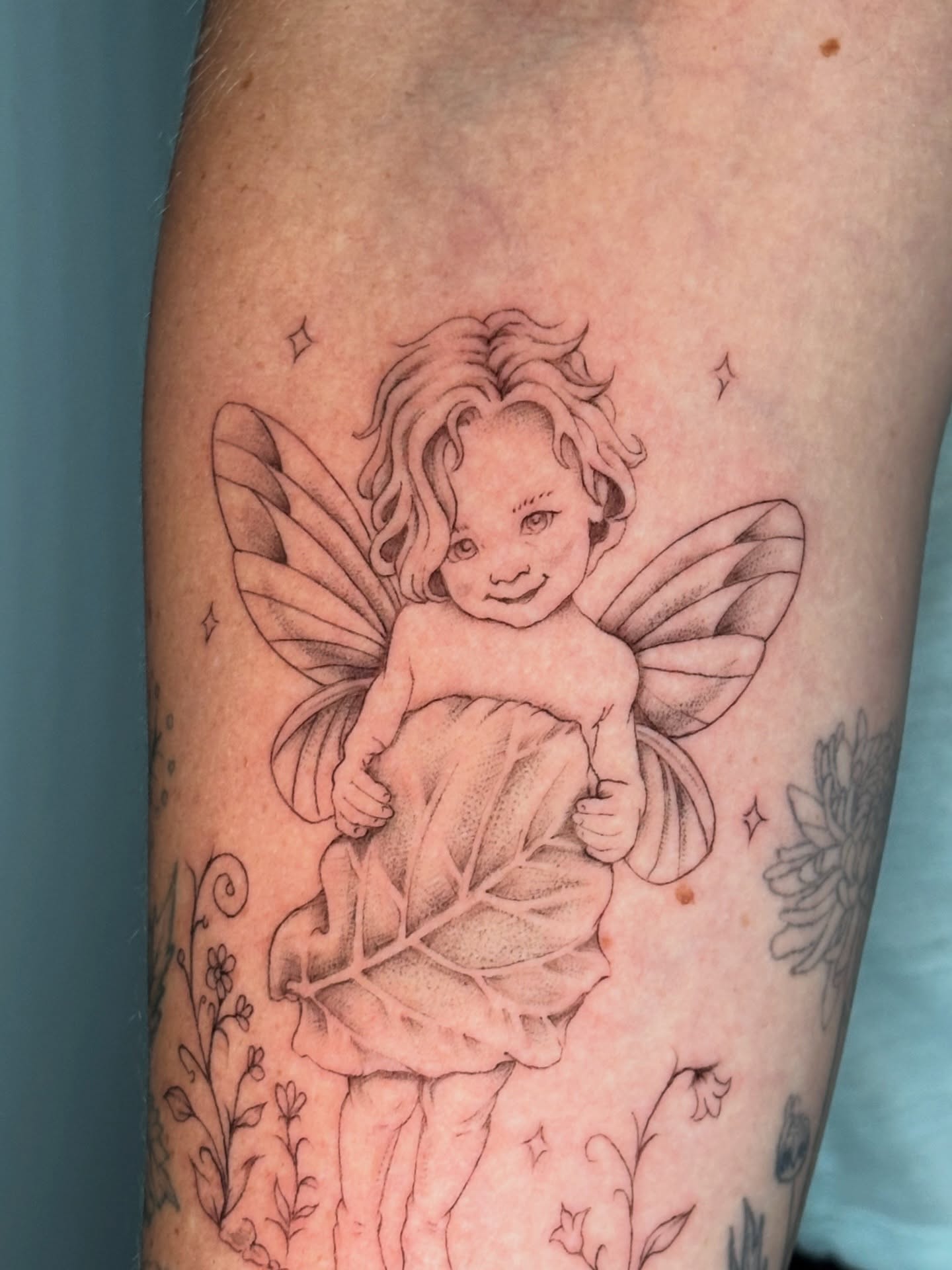 Fairy dotwork tattoo on the forearm by Jojo Rose ✨ Denver Tattoo Artist