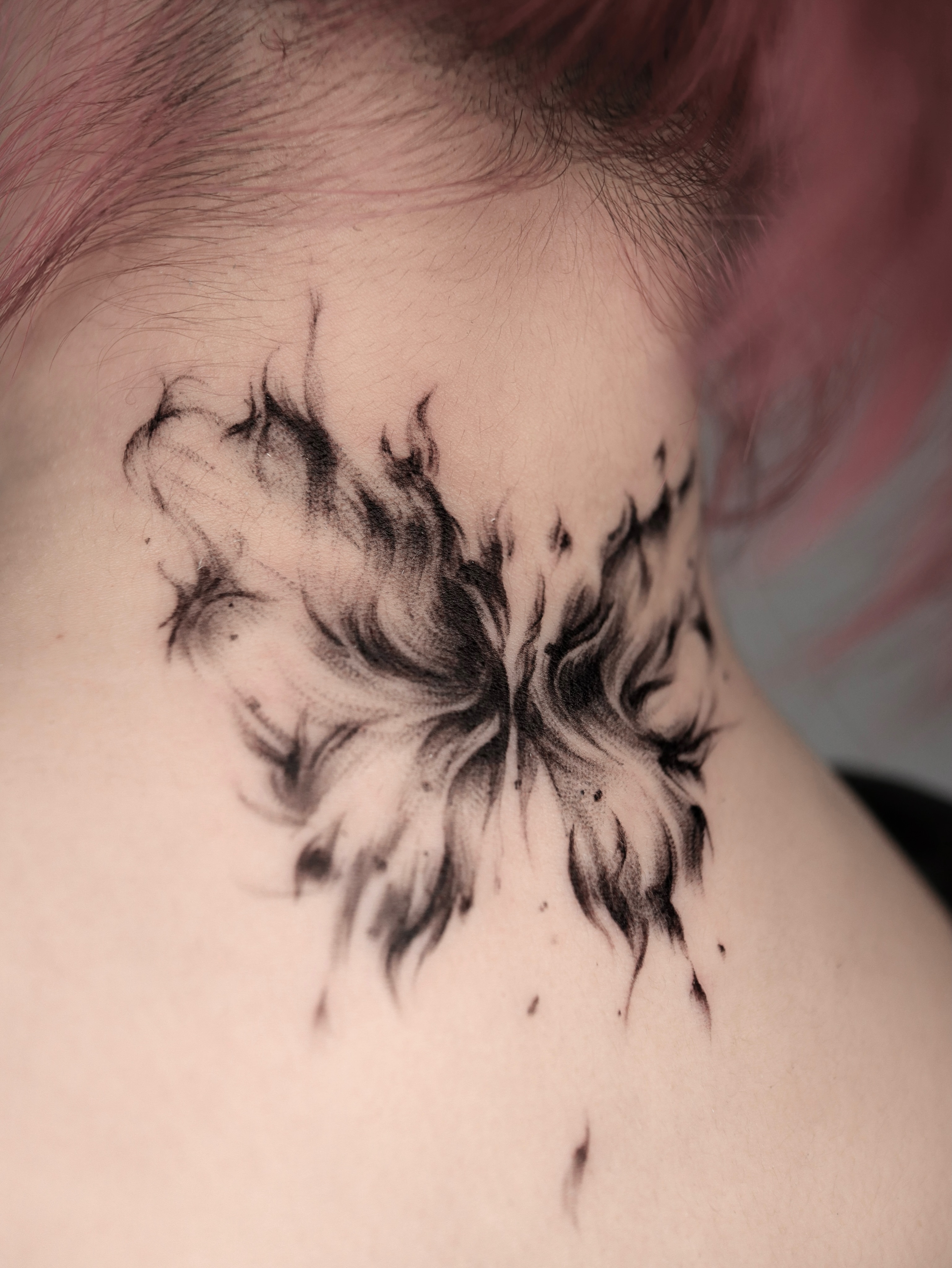 Flames black and grey tattoo on the neck by @tattoo_chamsae