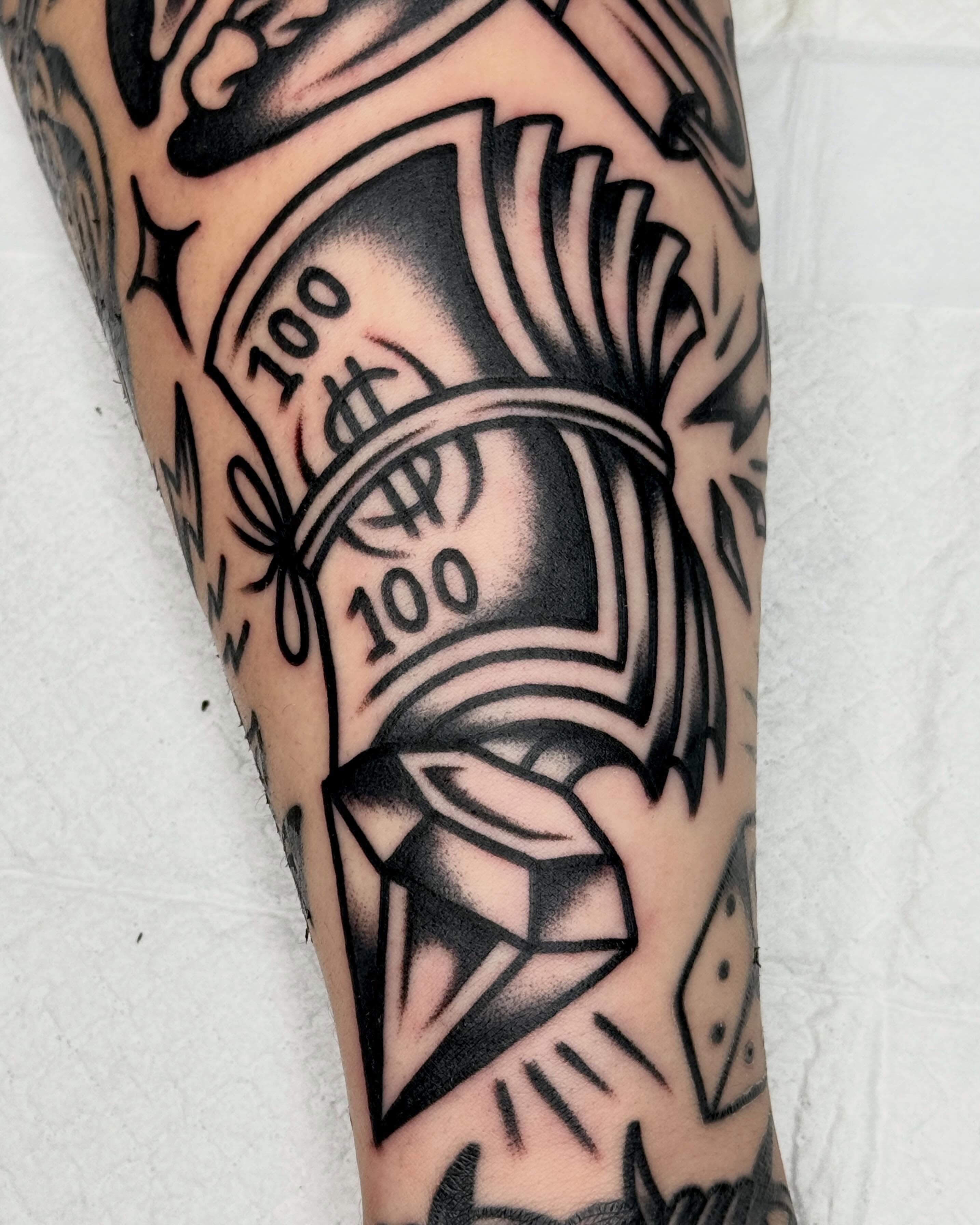 Money bag black and grey tattoo on the forearm by 올드스쿨타투 블랙스쿨타투 부천타투 알로