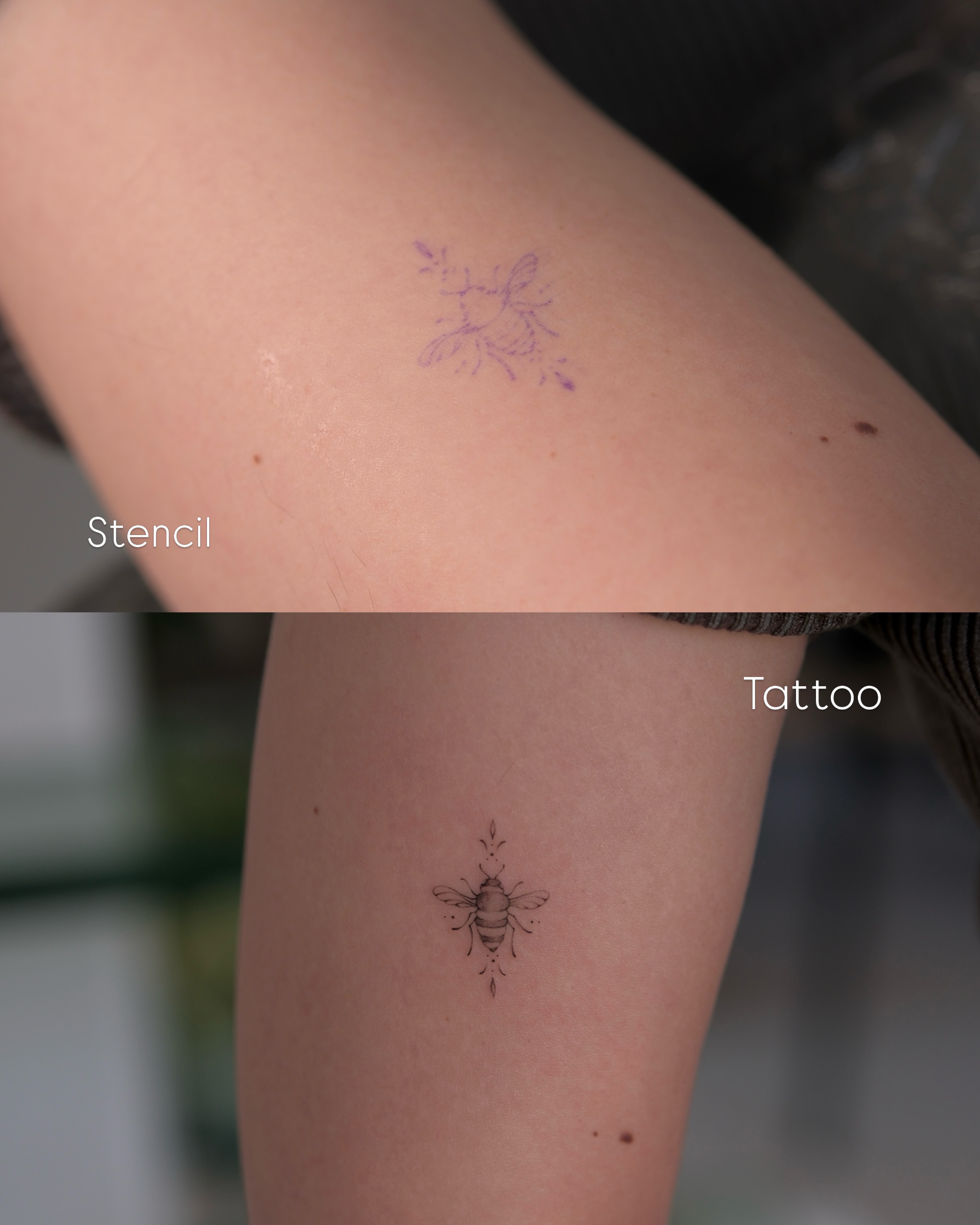 Bee fine line tattoo on the forearm by Göksu