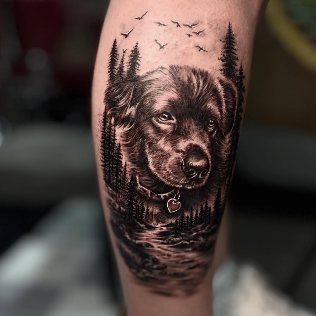 Dog portrait with forest and river realism tattoo on the forearm by ๐๐๐๐๐๐๐ ๐ฌ.๐ผ