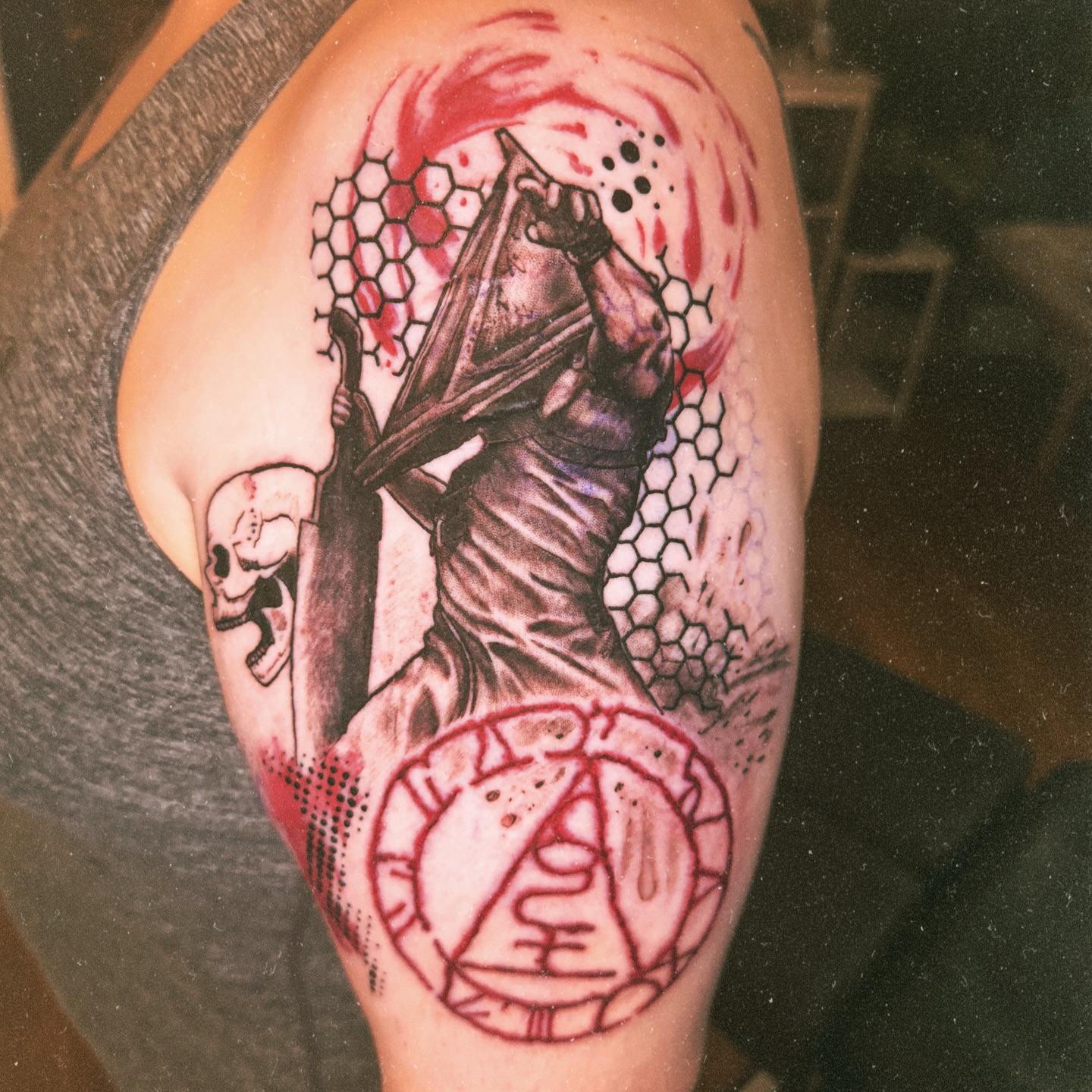 Warrior with sword dotwork tattoo on the thigh by Eric Burns - NoVA Tattoo Artist