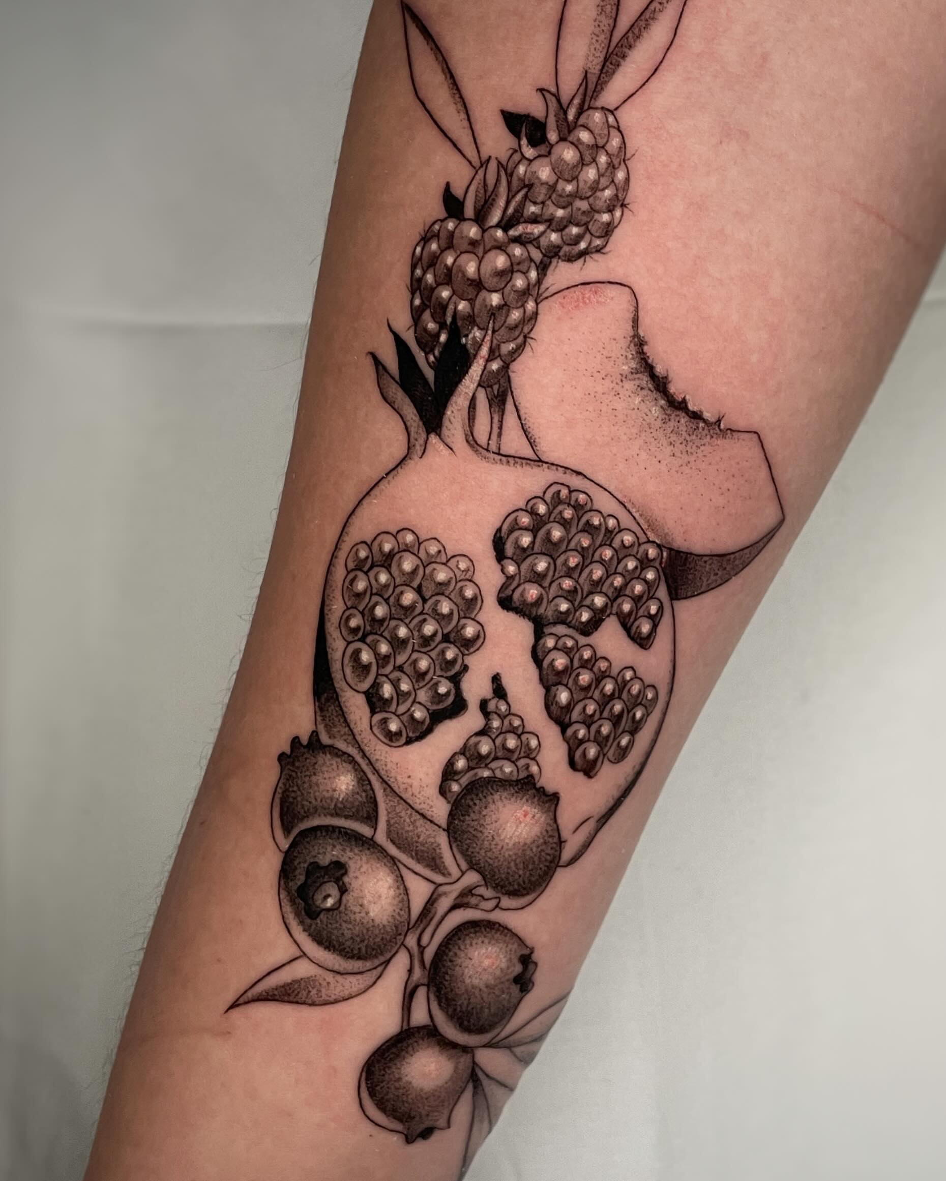 Fruit dotwork tattoo on the forearm by Sam chase, Naperville, Illinois
