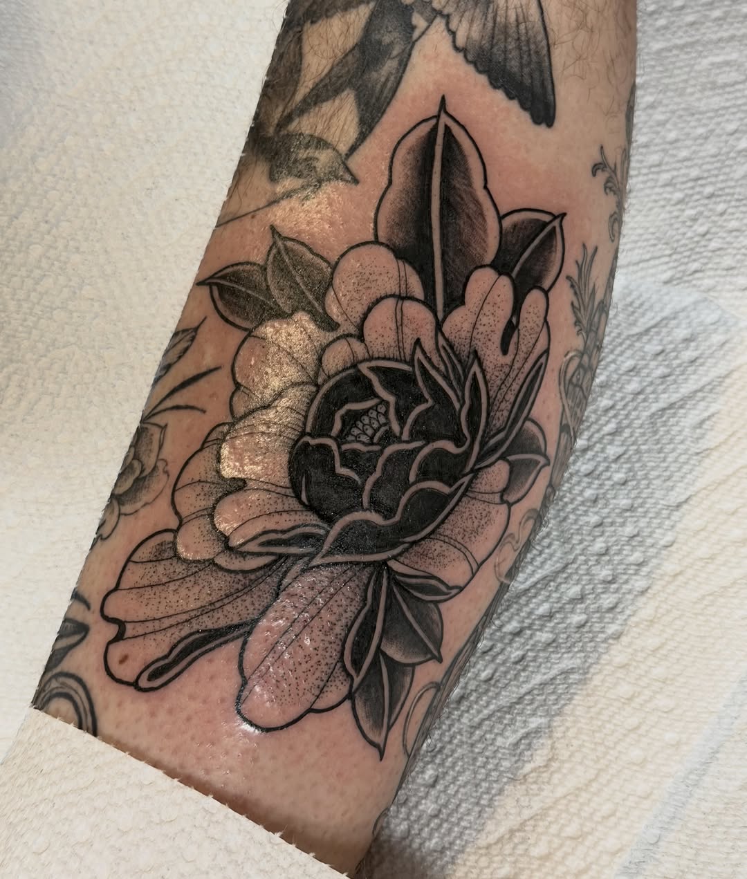 Peony flower dotwork tattoo on the forearm by Sophia, New Carlisle, Ohio