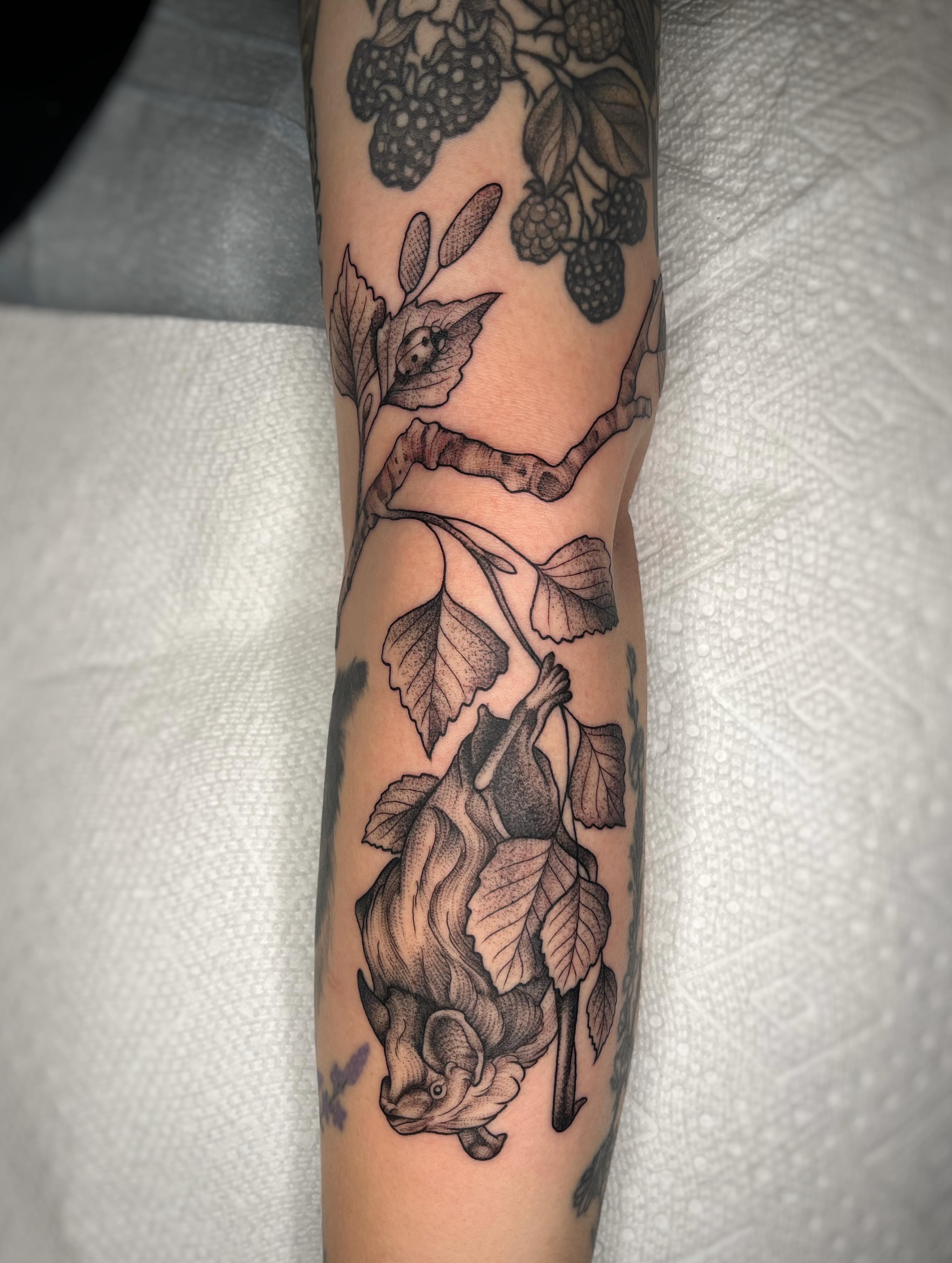 Fish and berries realism tattoo on the forearm by Emi Collison